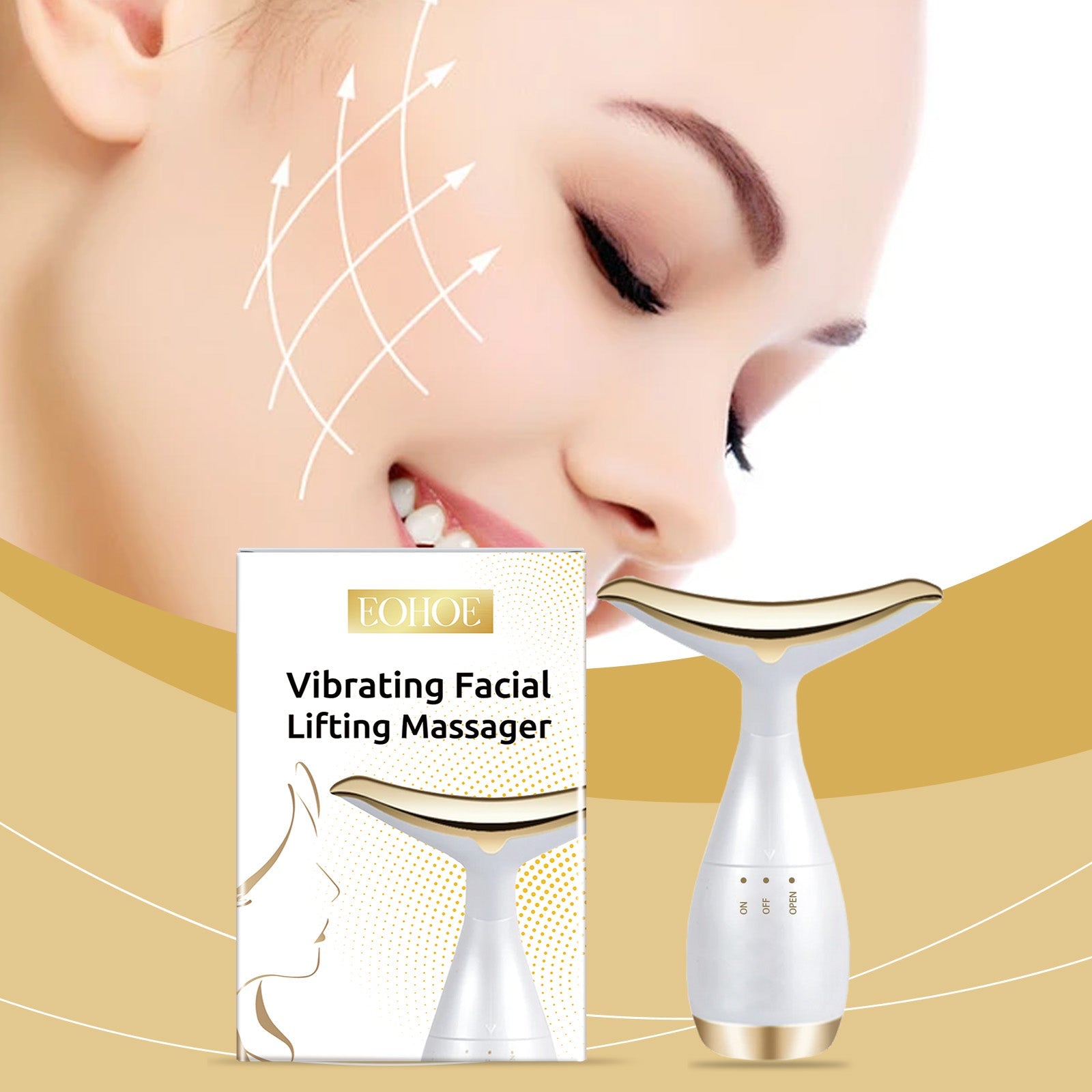 Woman using facial massager on jawline with lifting motion lines overlay
