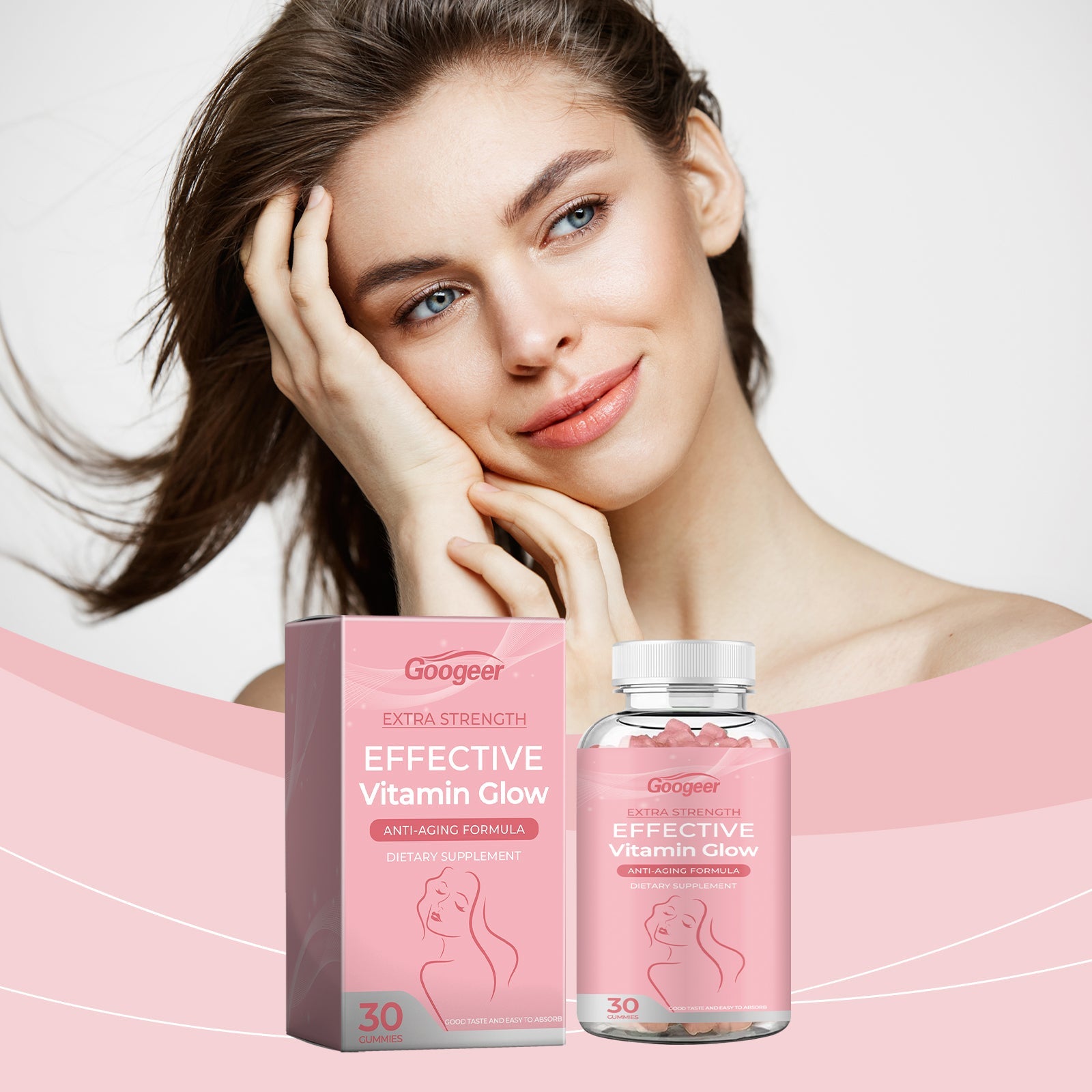 Woman with glowing, radiant skin holding the product bottle and box against soft pink background