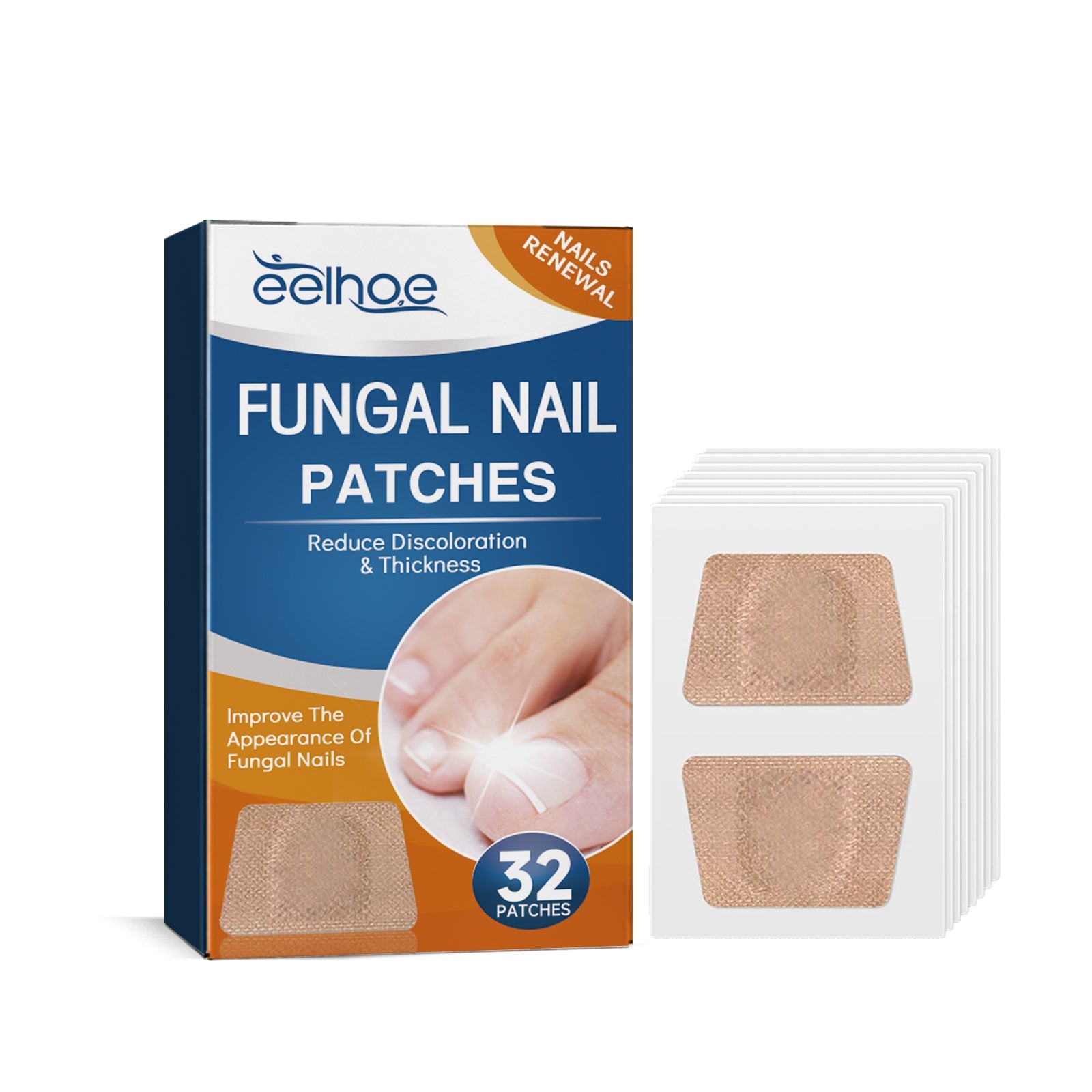 Multiple individual fungal nail patches arranged in rows showing texture and beige adhesive design