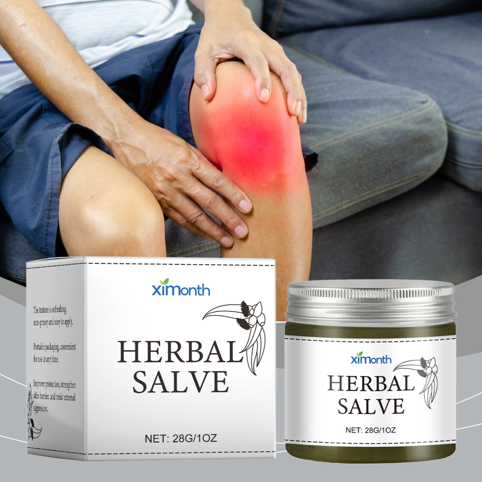Professional therapist applying herbal salve to patient's arm during therapeutic session with benefit claims listed