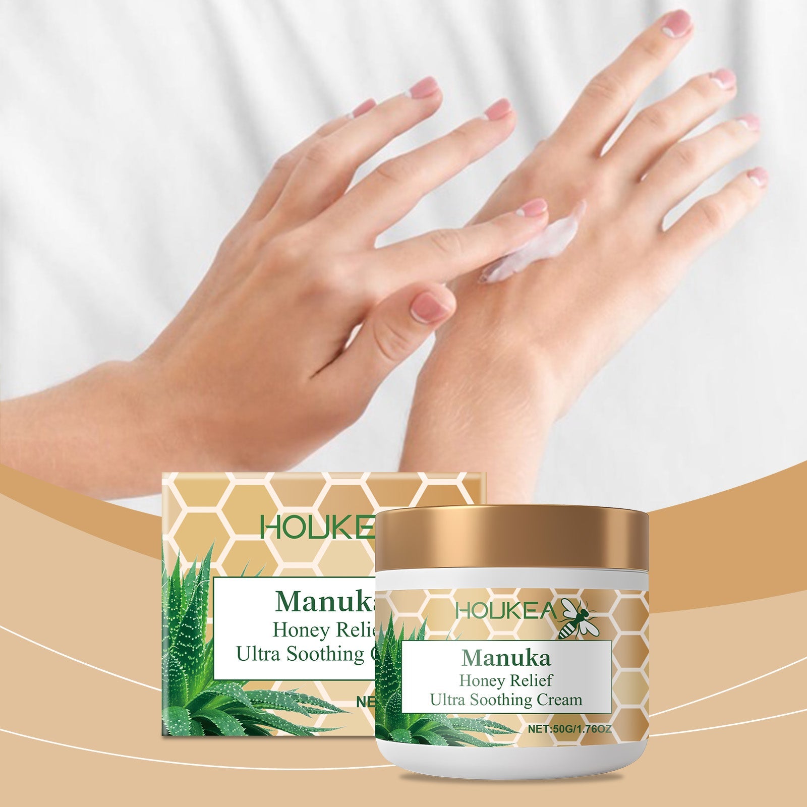 Healthy hands applying moisturizer with product and packaging visible in foreground on tan background