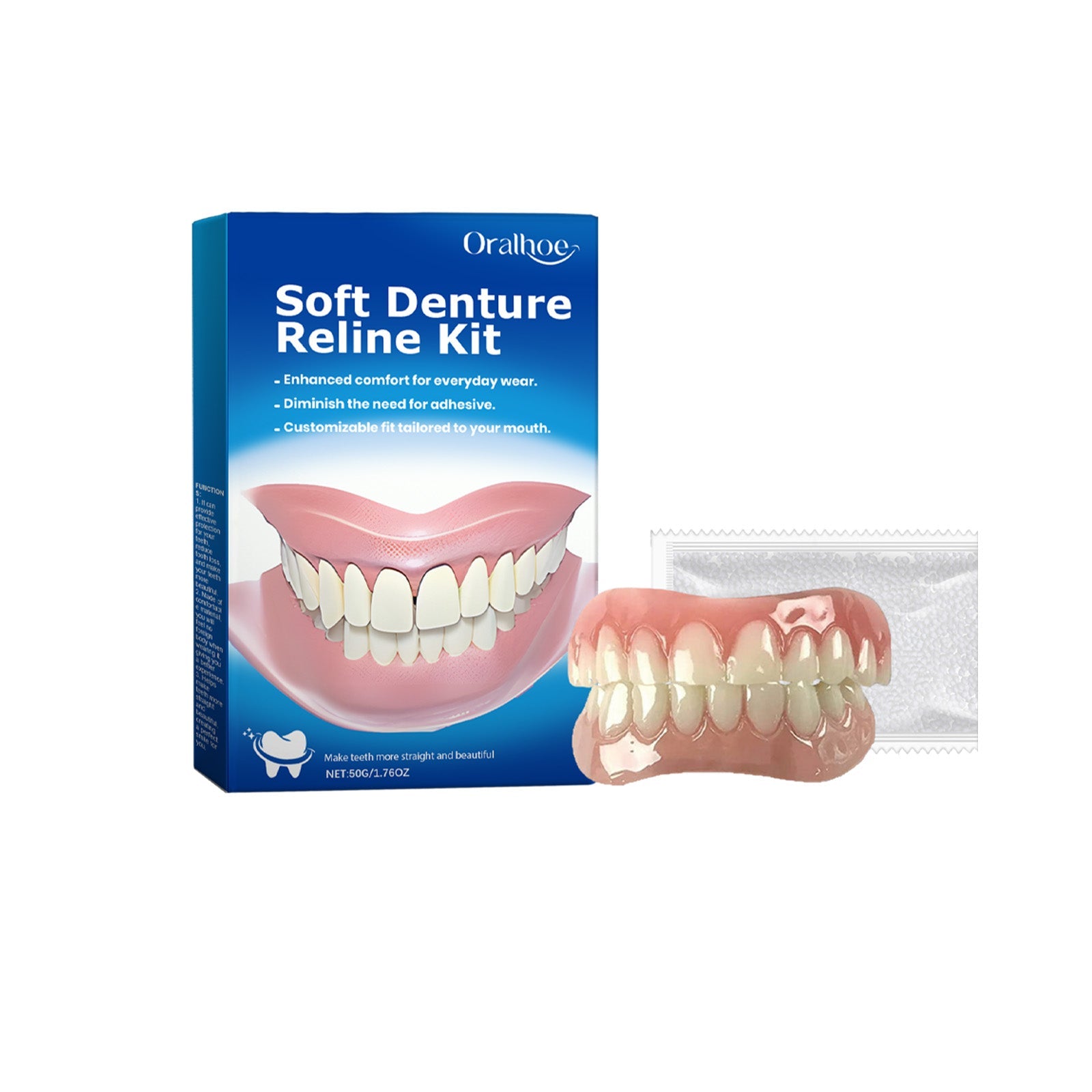 Close-up of denture reline product and partial smile showing material softness and natural appearance