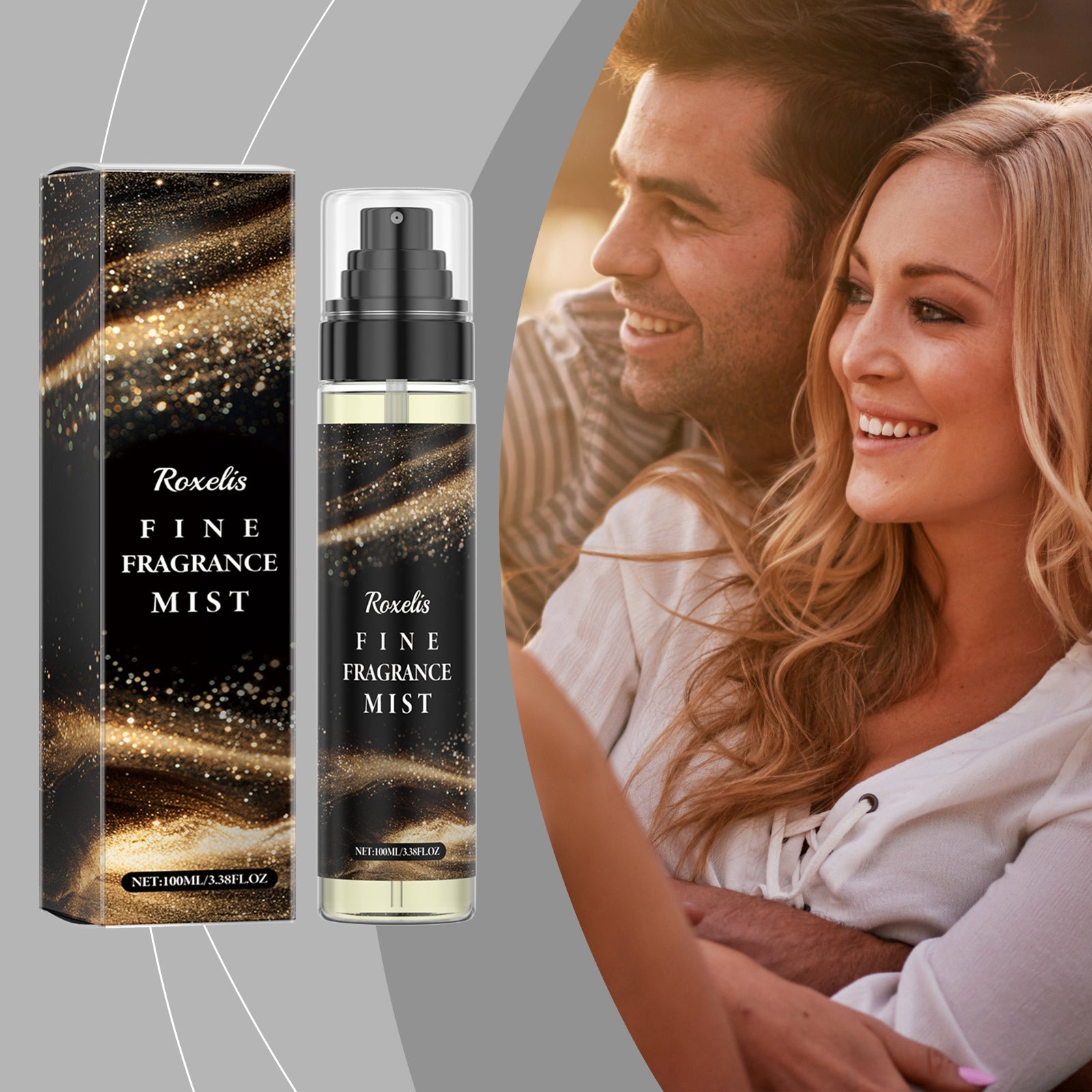 Happy couple embracing outdoors with product displayed, showing real-world usage context