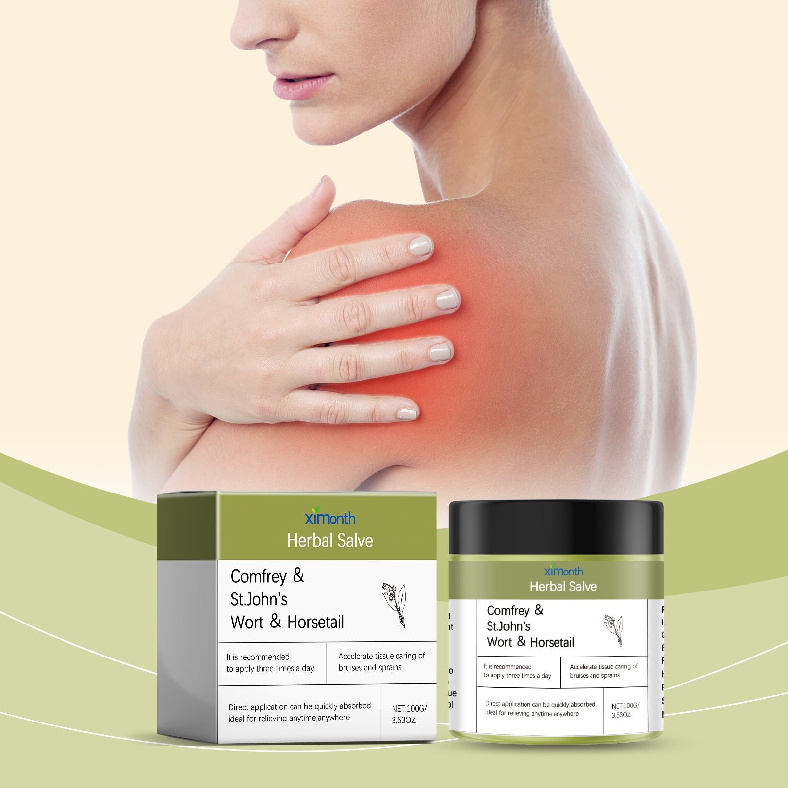 Hands cradling knee joint with text callouts highlighting 'Nourishing and Lubricating' with olive oil base and 'Soothing Power' with Lithospermum extract