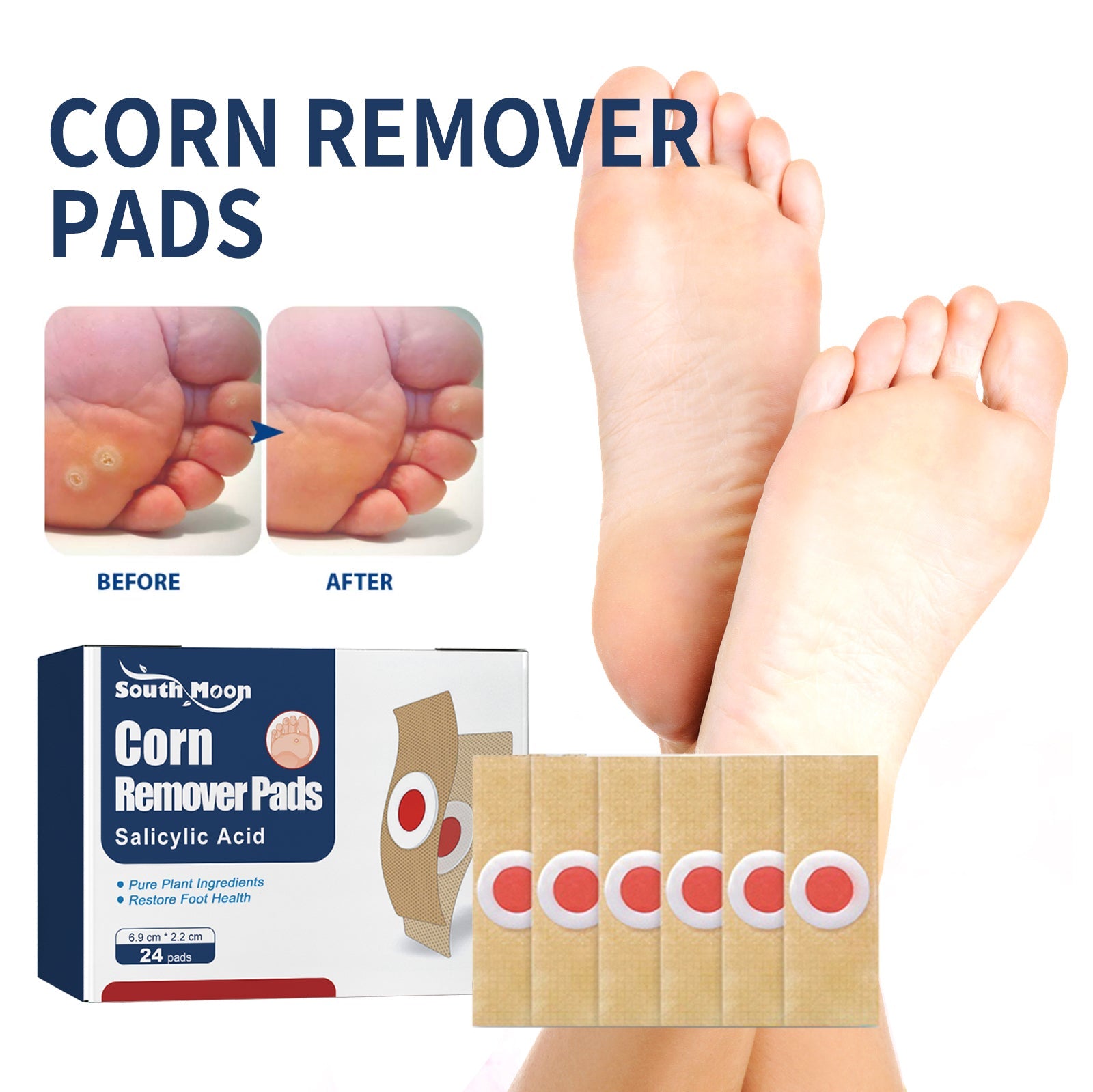 Clear before/after comparison of foot with corns removed, plus lifestyle shot of feet in healthy state