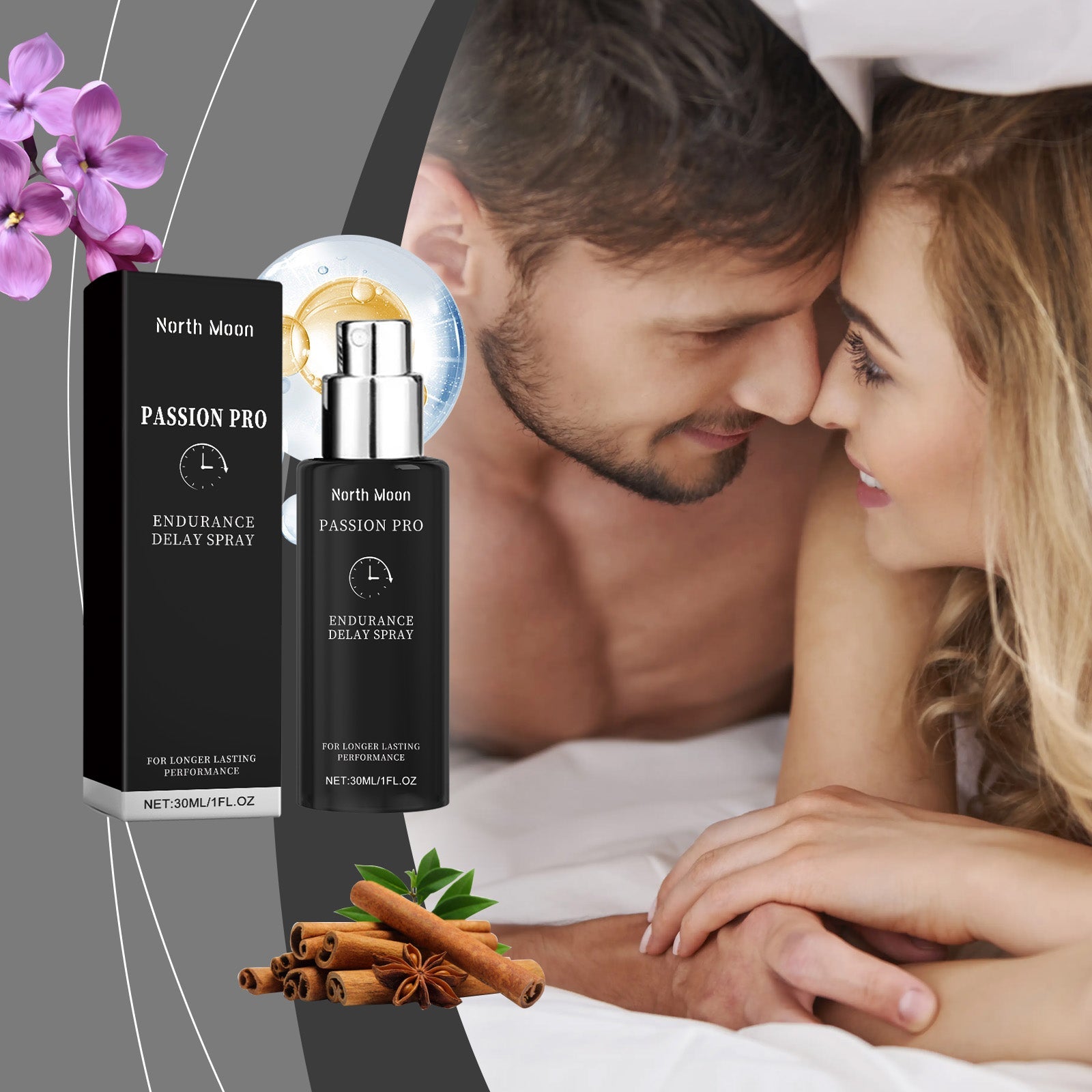 North Moon Passion Pro Endurance Delay Spray bottle and black box packaging