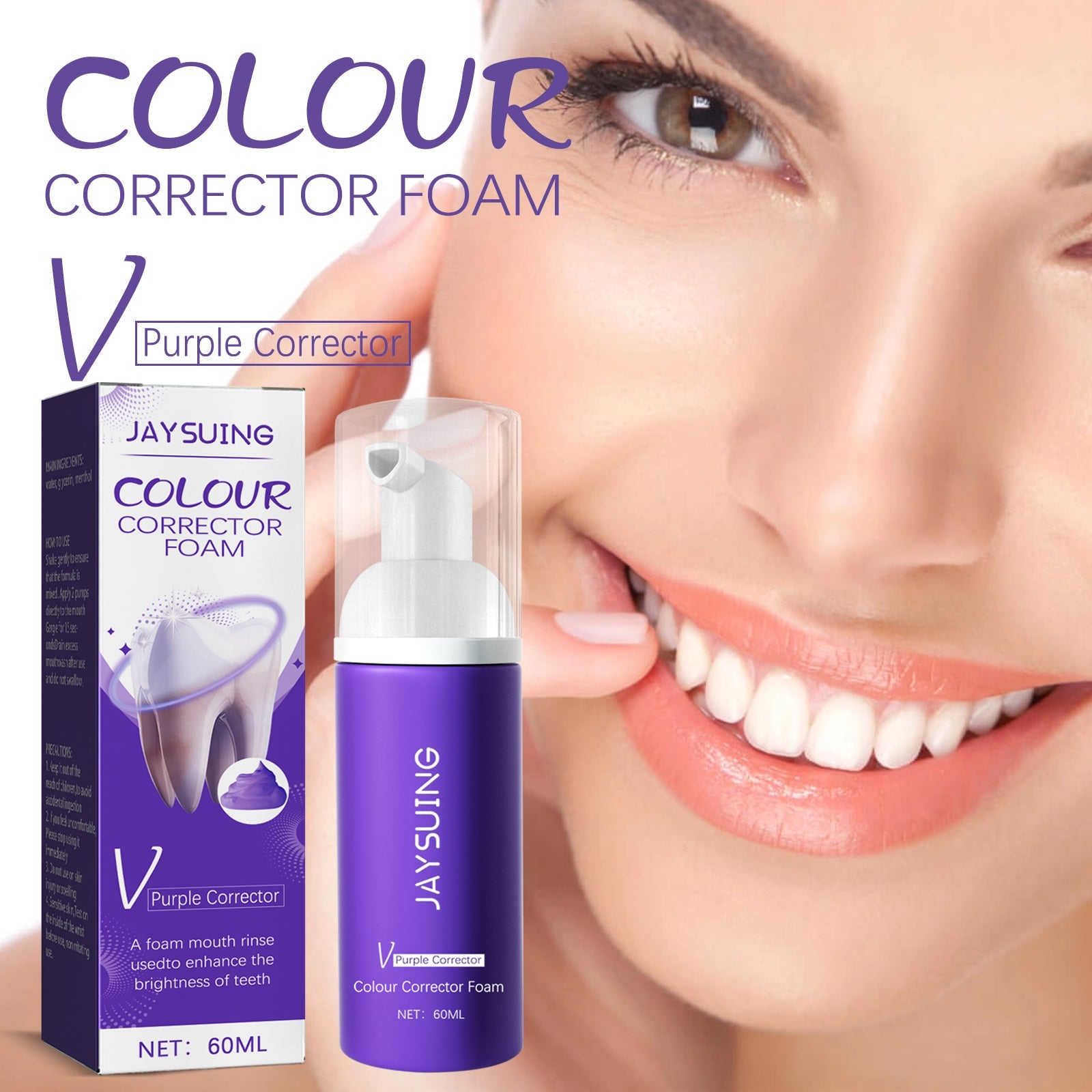 Young woman applying foam to teeth showing visibly bright, white smile with product bottle displayed