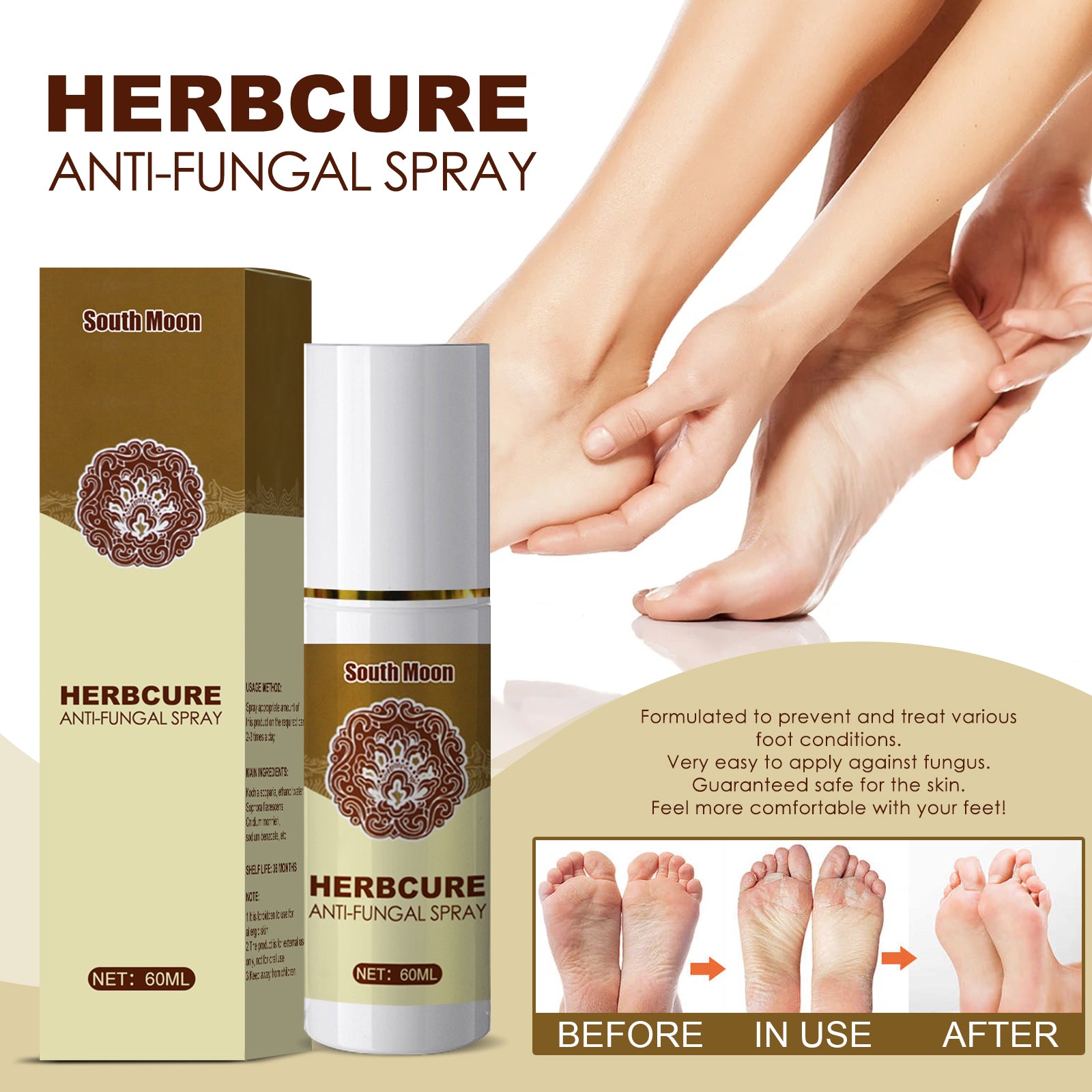 Woman's hands and feet shown applying spray, with before-during-after progression of foot healing visible in inset boxes