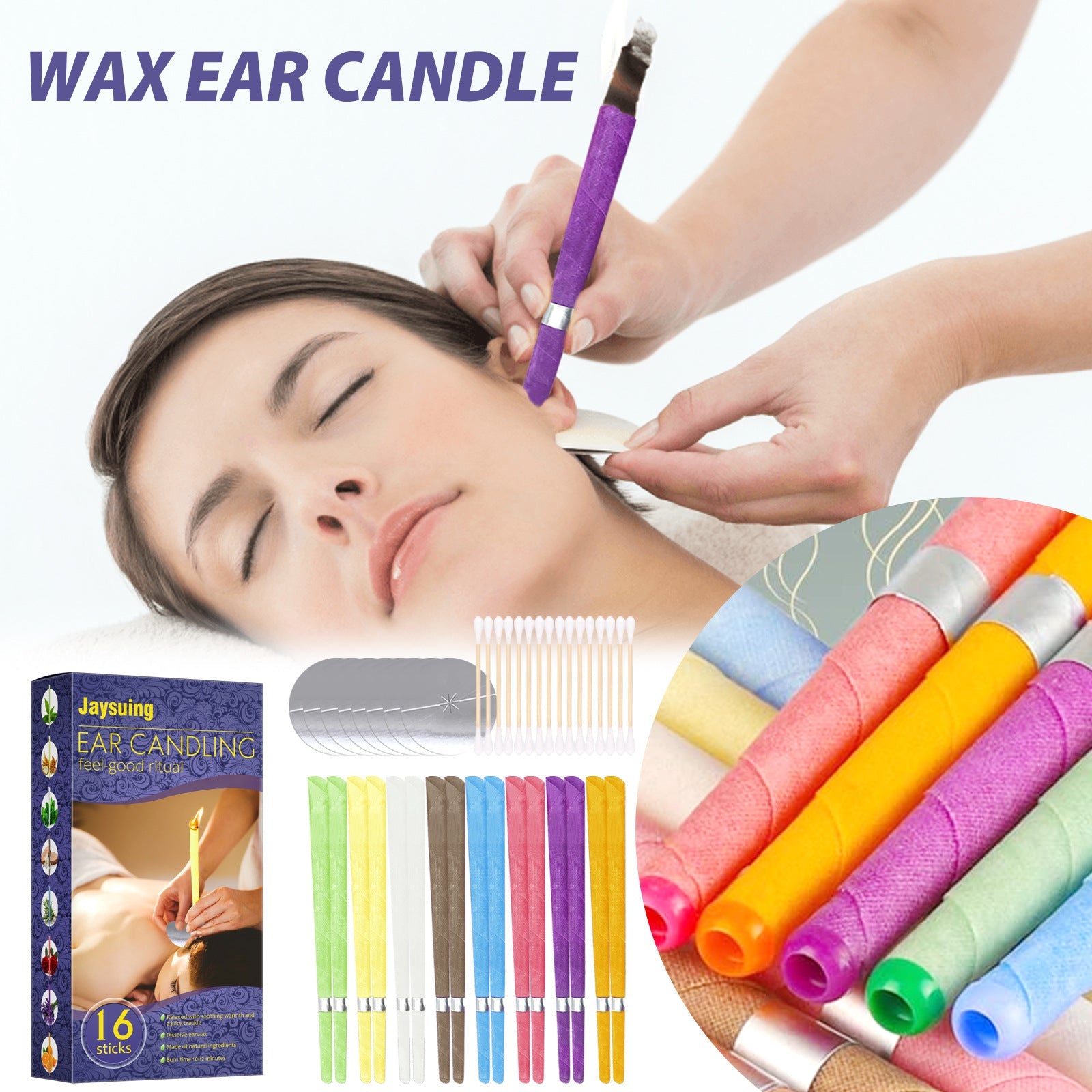 Woman receiving ear candling treatment with purple stick; colorful sticks displayed with protective discs and applicators