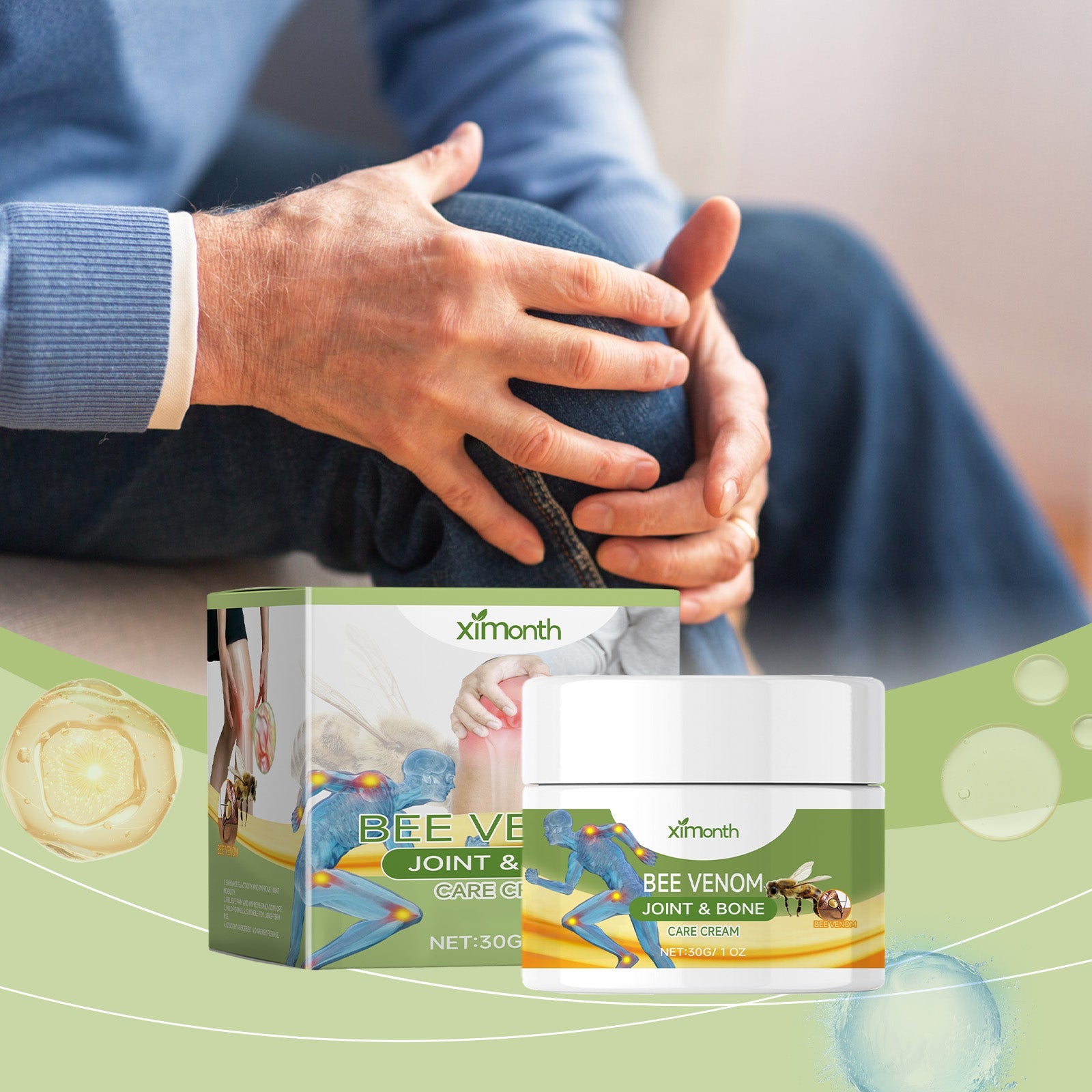 Adult male holding his knee in discomfort with product and packaging displayed below on soft green background