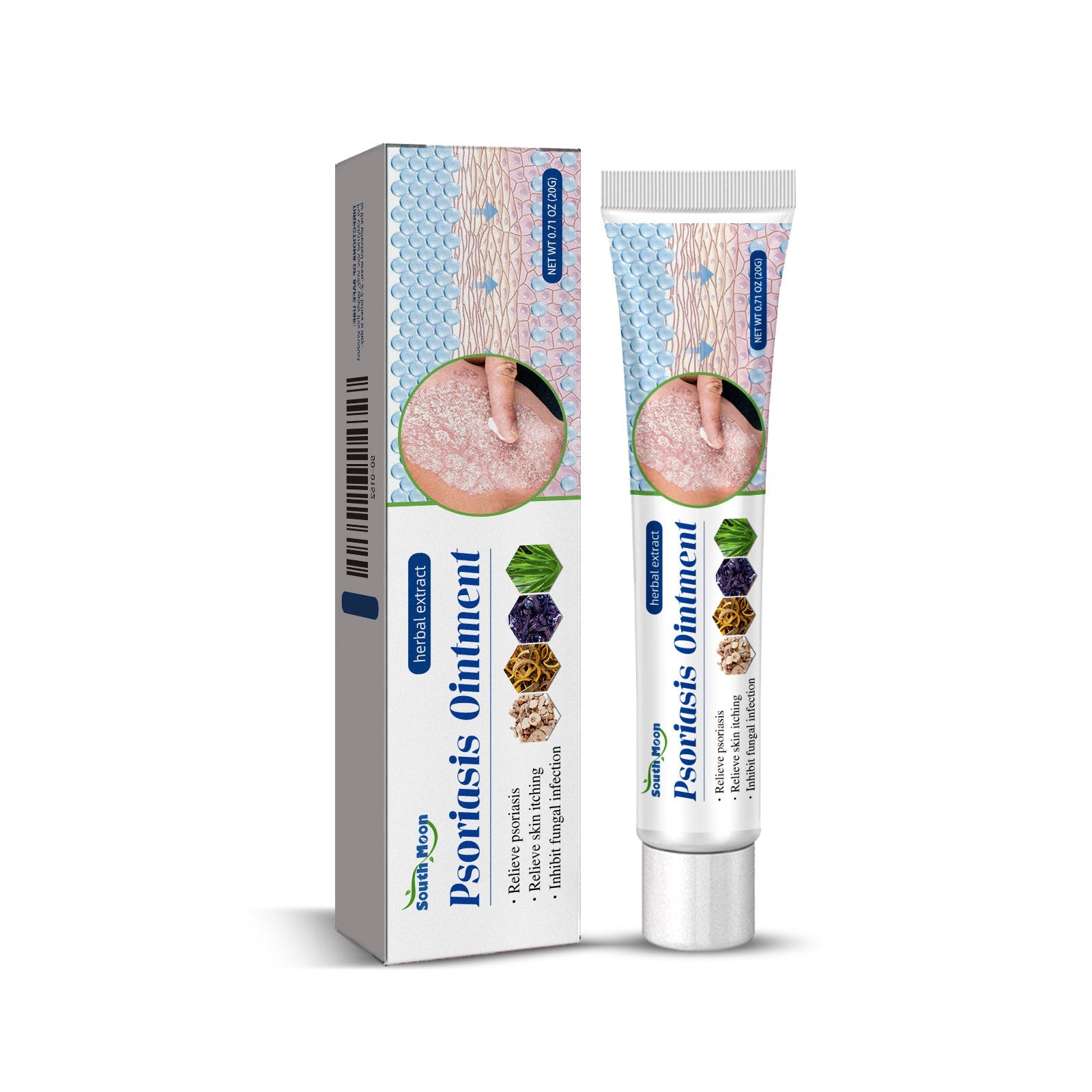 Realistic psoriasis skin condition shown on affected area with product tube and box placed alongside, text reading 'Psoriasis Ointment' with three benefit claims listed