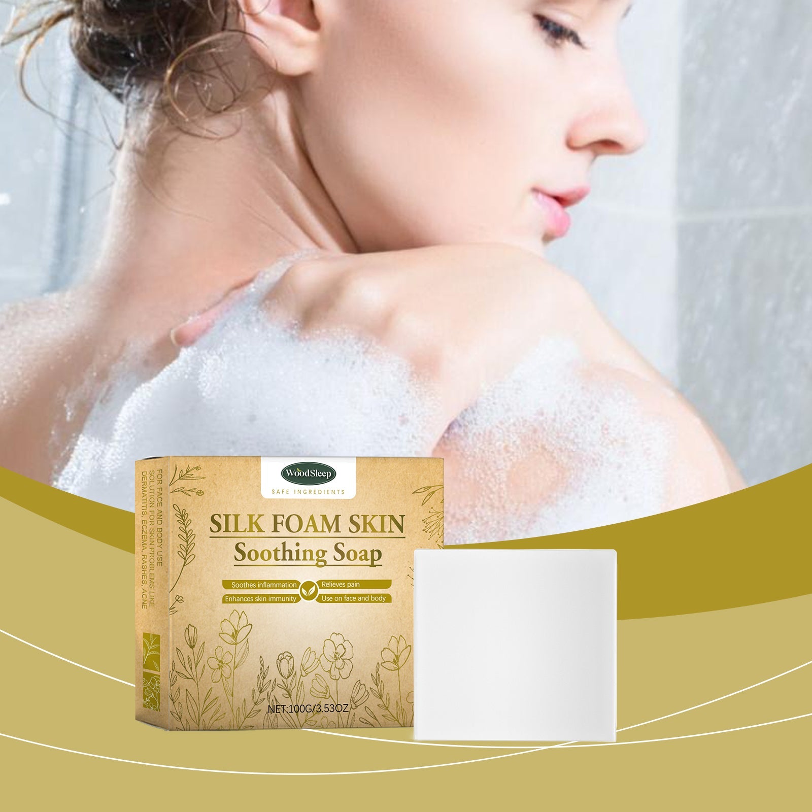 Woman's back and shoulder showing smooth, glowing, hydrated skin with luxurious lather from soap use