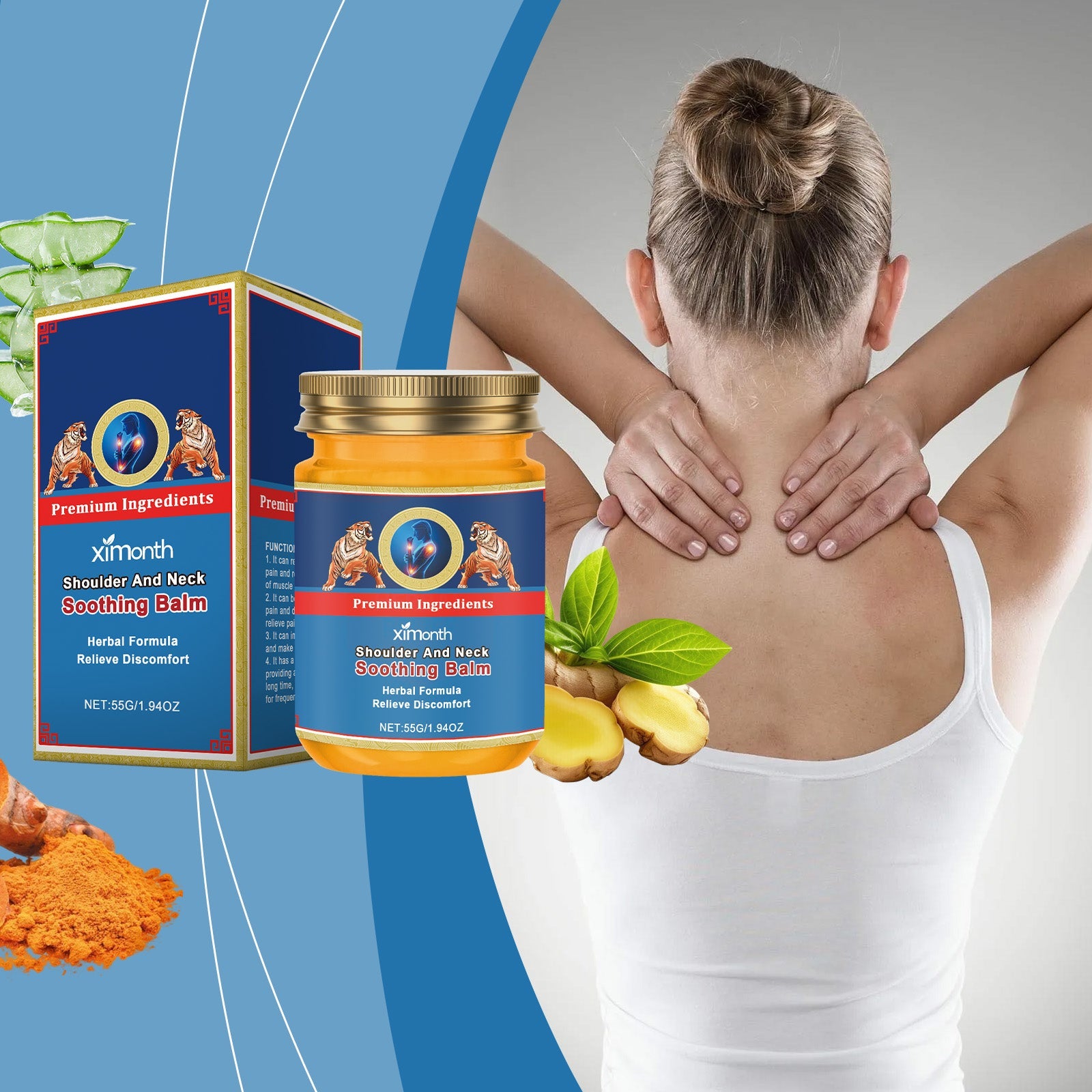 Woman from behind holding neck with hands, with product and herbal ingredients (ginger, aloe) displayed