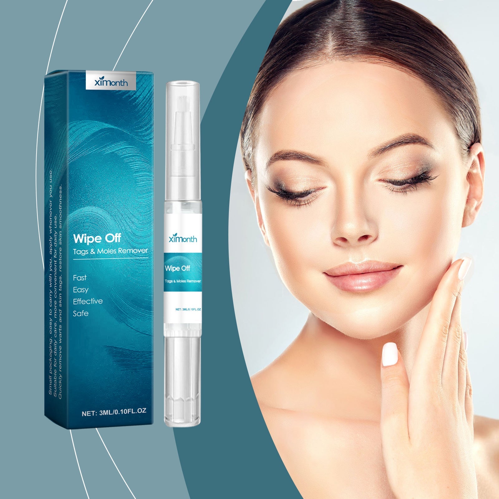 Woman with clear, radiant face touching cheek with eyes closed, positioned next to product packaging on gradient teal background