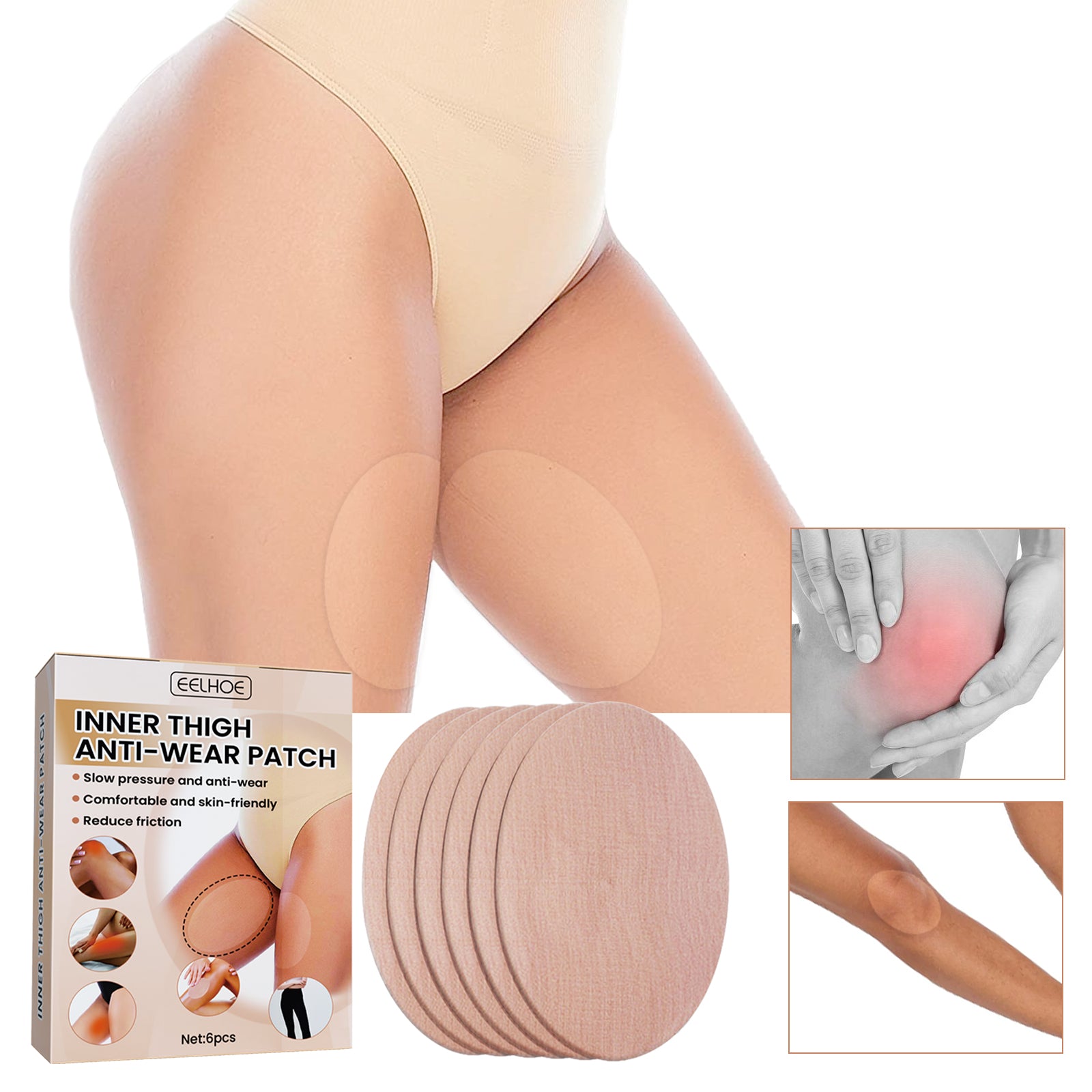Woman wearing beige underwear with patches applied to inner thighs, demonstrating invisibility and proper placement on body