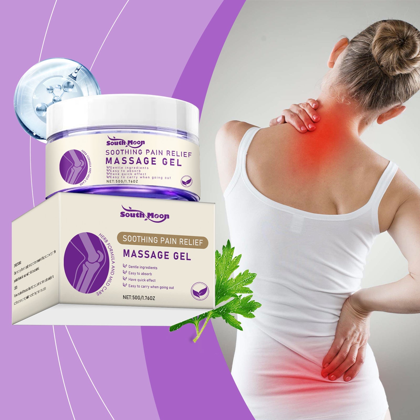 Woman in white tank top holding neck/shoulder area with red thermal visualization of pain, purple gradient background with fresh mint leaf