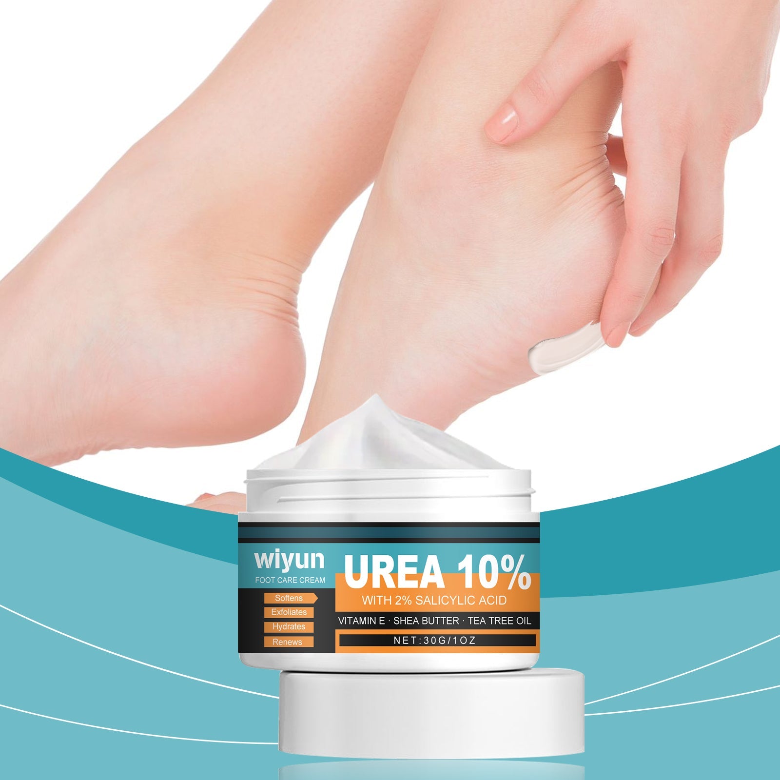 Hands applying cream to smooth feet against teal wave background with product jar visible