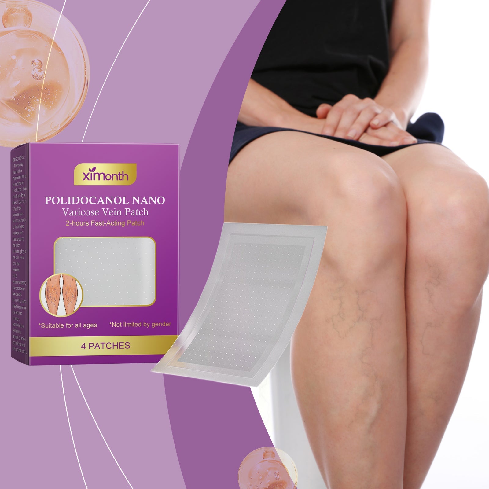 Woman's leg with patch applied, wearing black shorts, showing placement on calf area; packaging visible on left side with before/after leg imagery