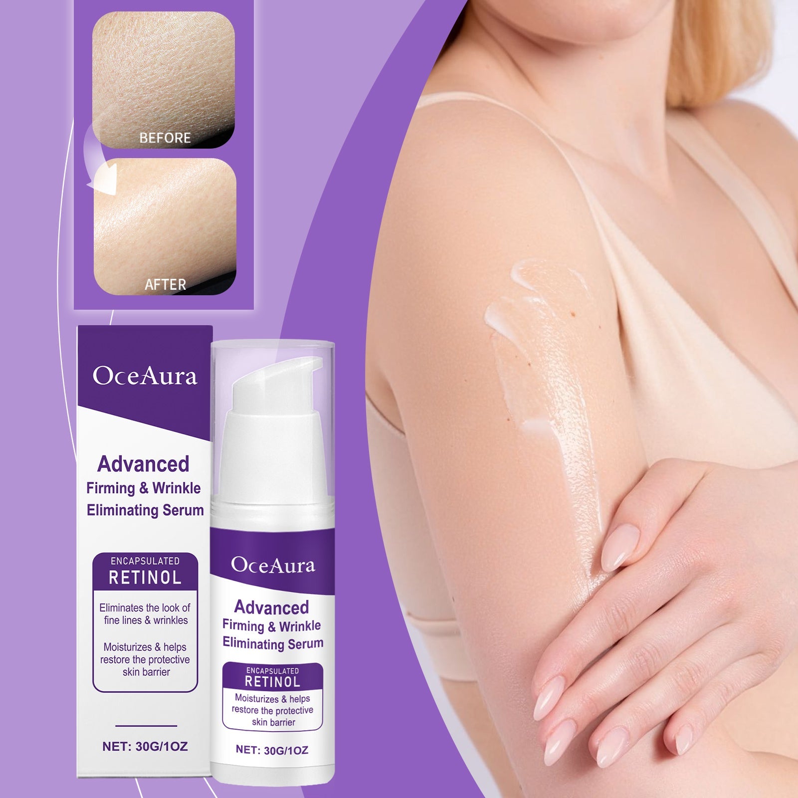 Close-up of glowing back/shoulder with text 'Mild Ingredients' and moisturization benefit description
