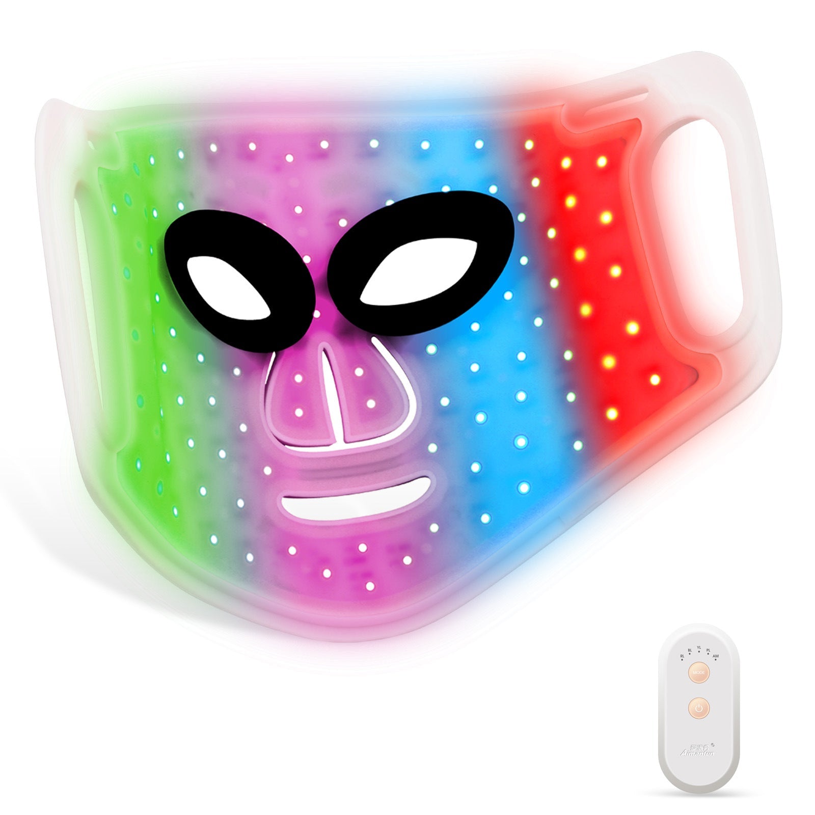 Young woman wearing the LED mask with visible light beams radiating outward, demonstrating 98 LED beads in action with clinical-grade light therapy visualization