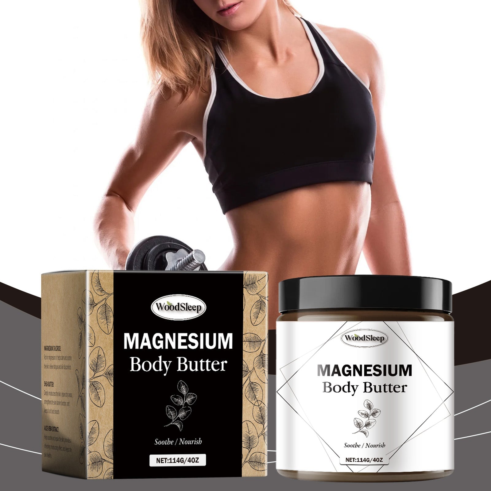 Fit woman in sports bra applying body butter to shoulder and back, demonstrating post-workout skincare use
