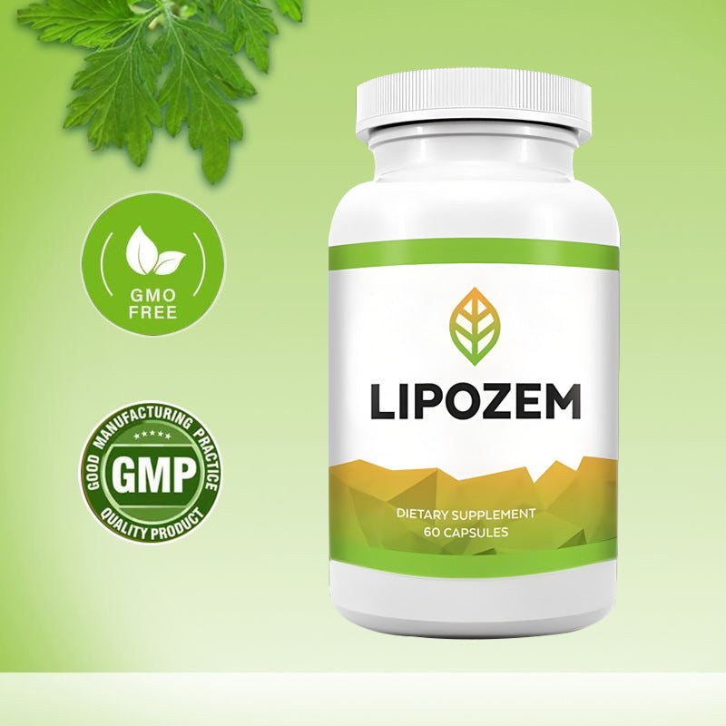 LIPOZEM bottle with GMO-free circle badge and GMP quality product seal