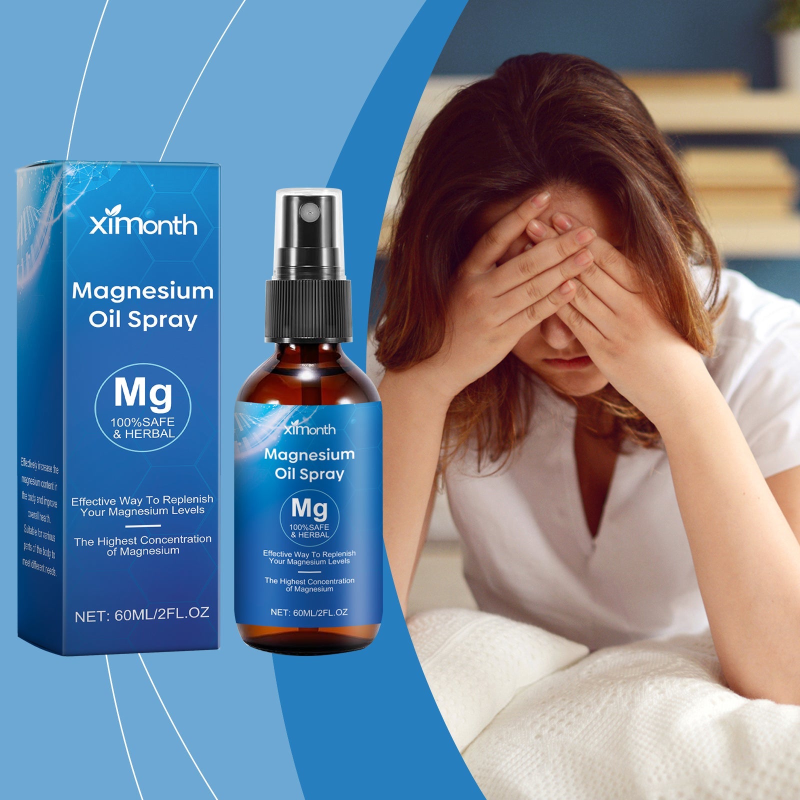Woman with hand covering face showing stress or discomfort, with product packaging visible on left side against blue gradient background
