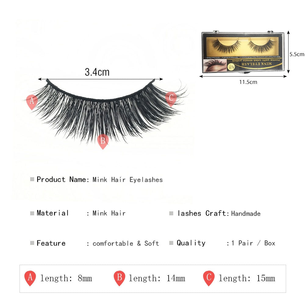 Product specifications diagram showing lash measurements (3.4cm total width, varying 8mm-15mm lengths) and packaging dimensions with dimensions labeled A, B, C