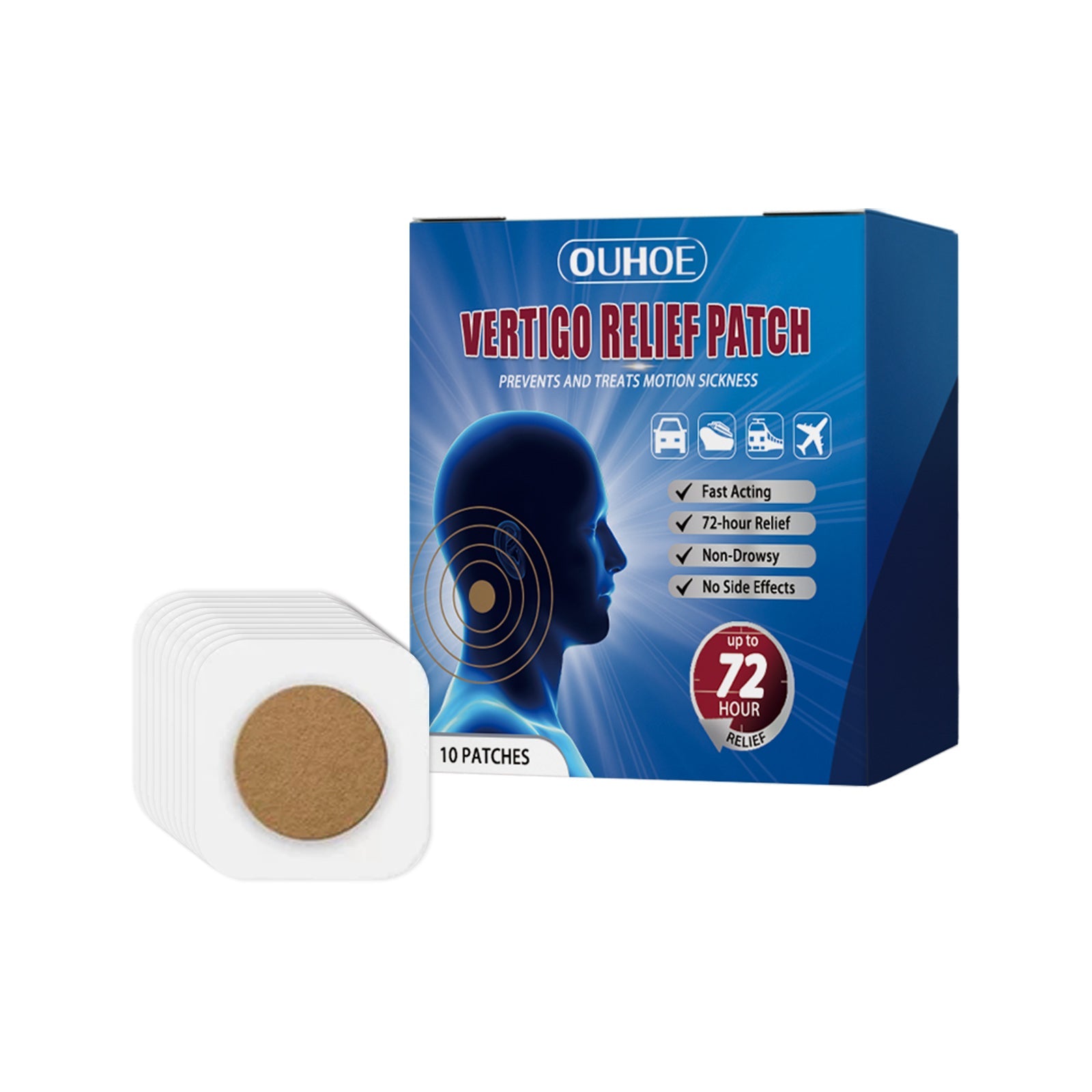 OUHOE Vertigo Relief Patch packaging and individual patch repeat view
