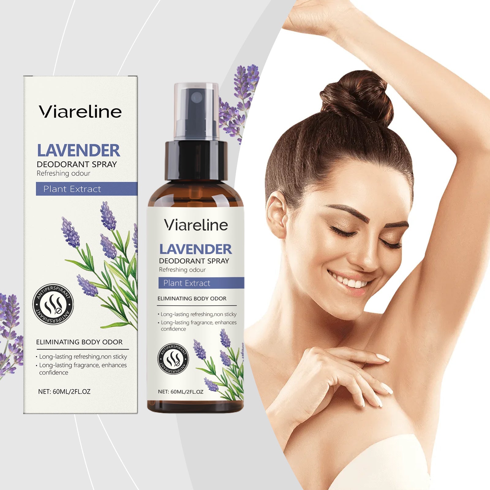 Young woman with raised arm showing underarm area, smiling confidently with product and packaging visible