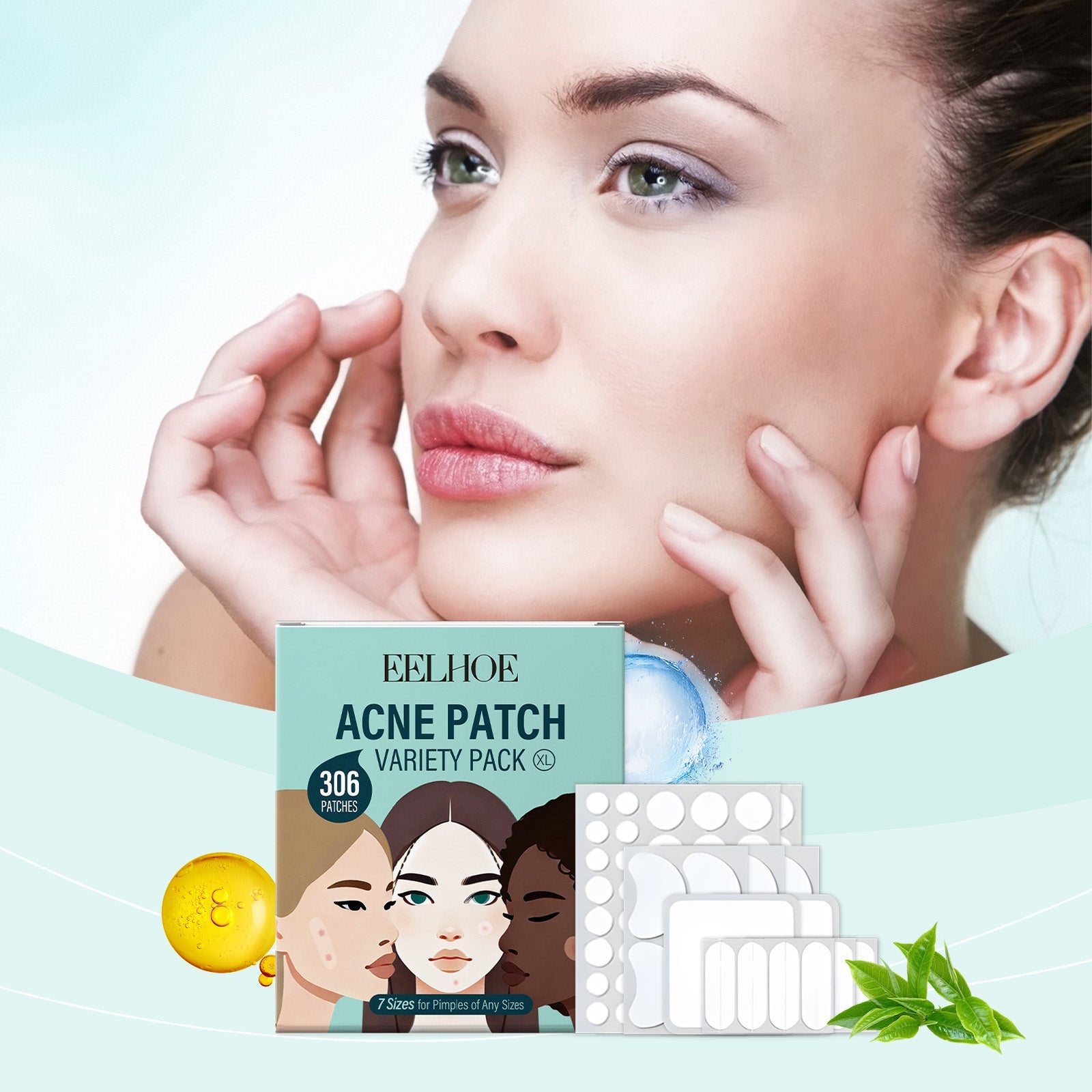 Young woman applying white acne patch to forehead with natural, confident expression; packaging and blister strips visible; complementary ingredients like tea tree oil sphere and fresh green leaves styling