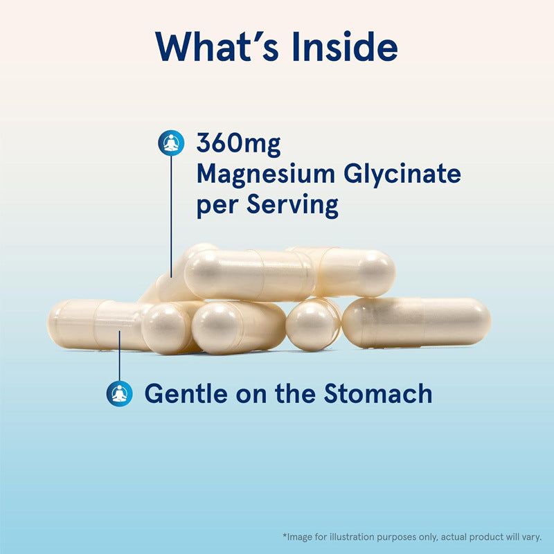 Illustration of pale cream veggie capsules on light blue background with text '360mg Magnesium Glycinate per Serving' and 'Gentle on the Stomach'