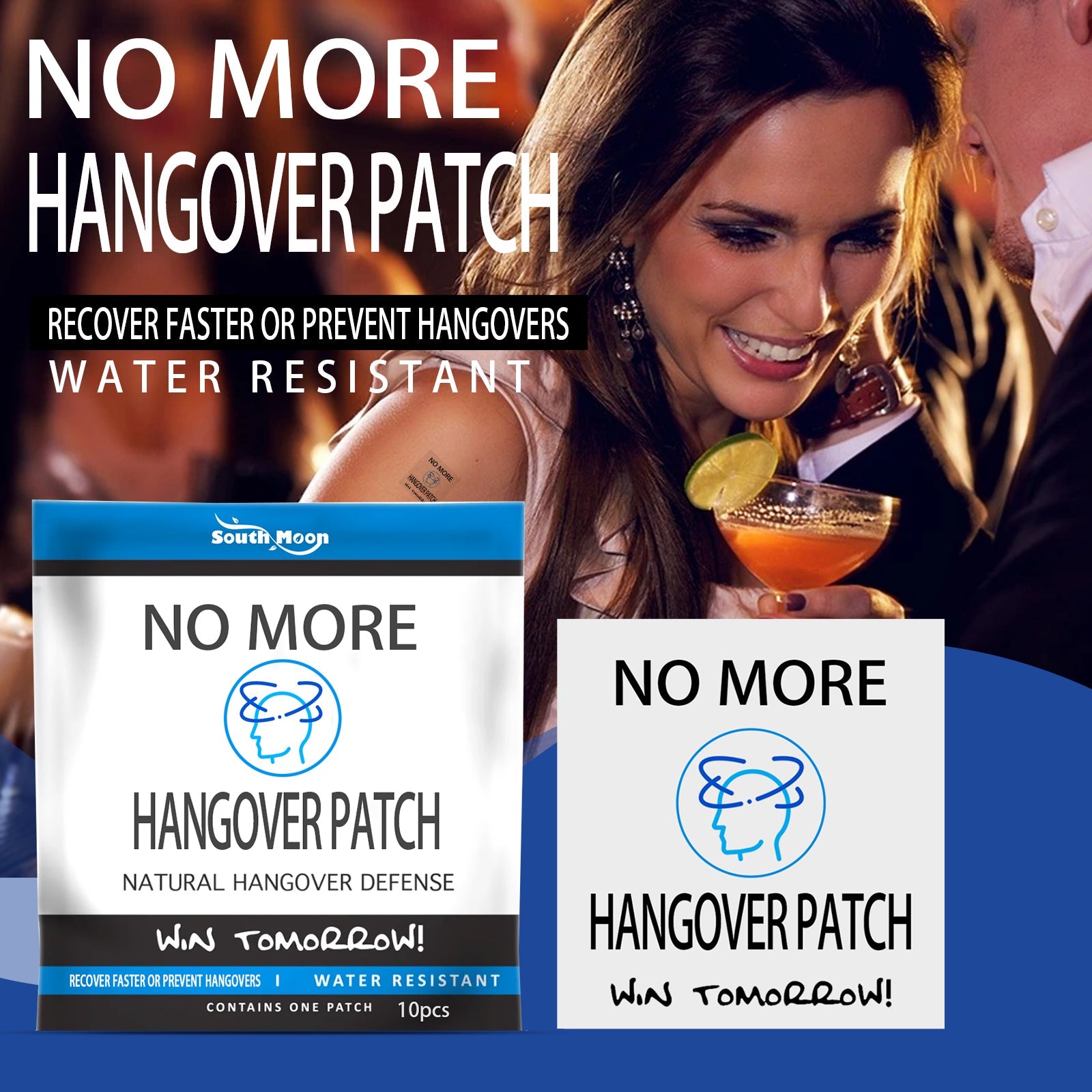 South Moon No More Hangover Patch product packaging showing 10-piece box with blue branded header, white patch illustration, and product claims