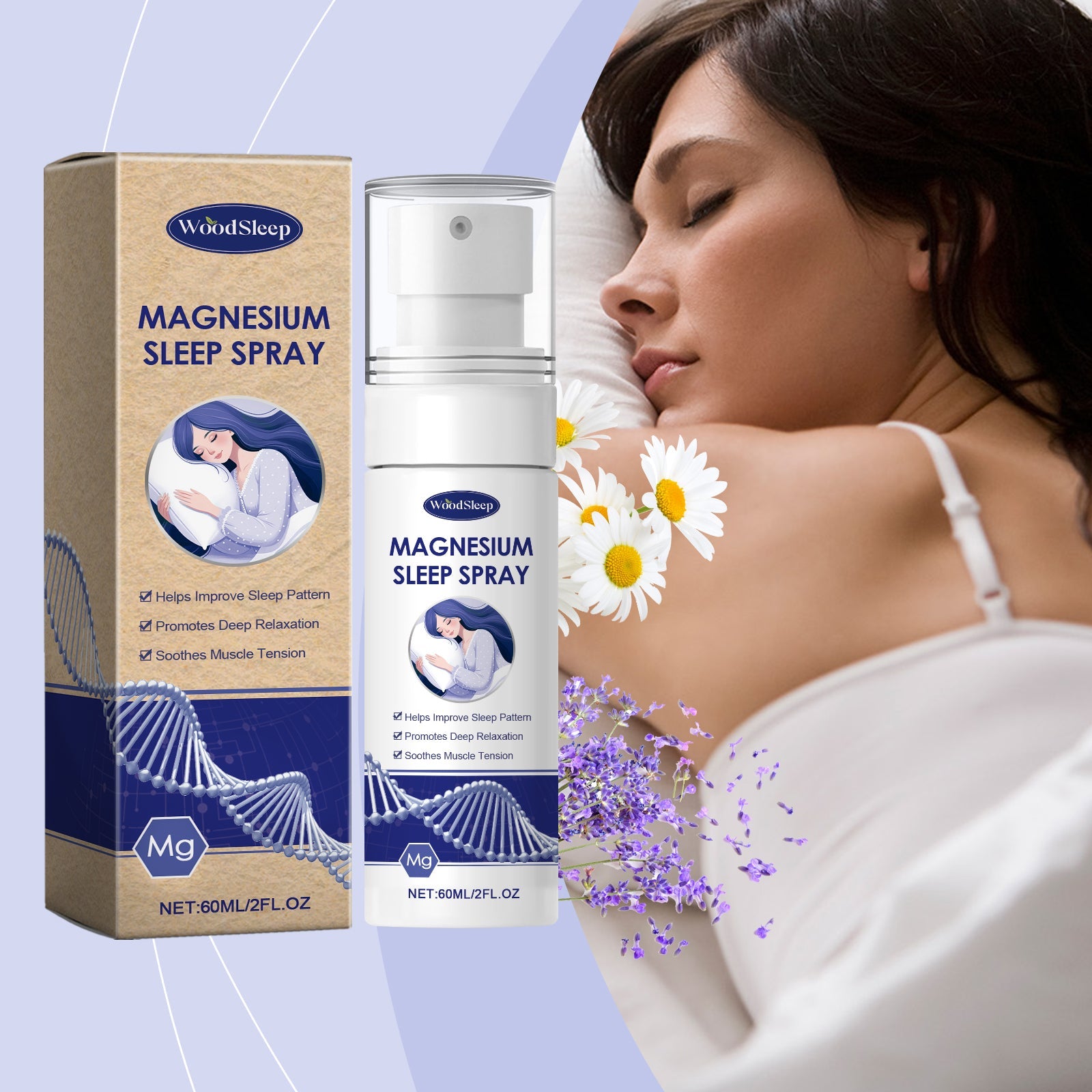 Front view of WoodSleep Magnesium Sleep Spray box and bottle side by side