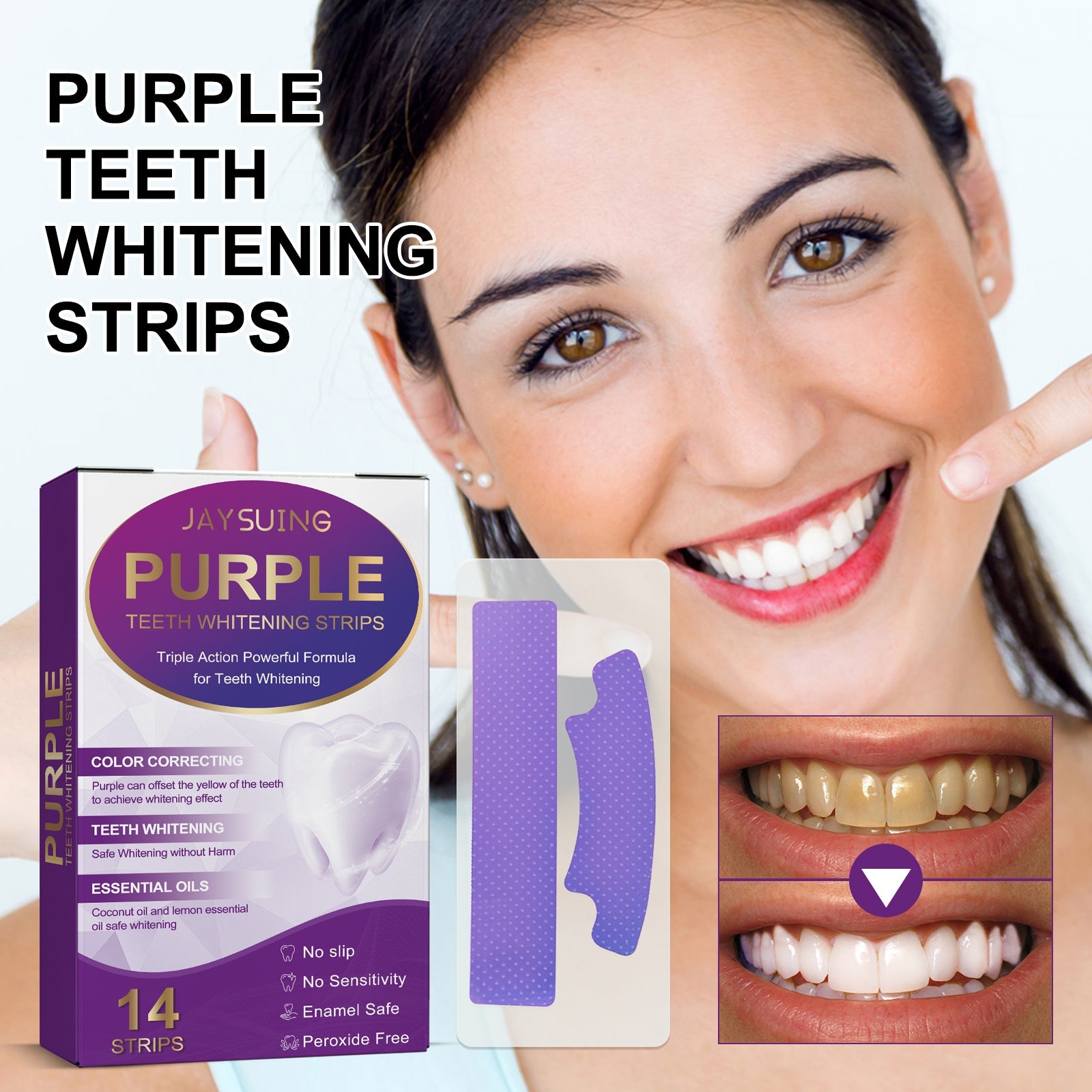Woman displaying radiant smile with packaging and before/after teeth comparison visible