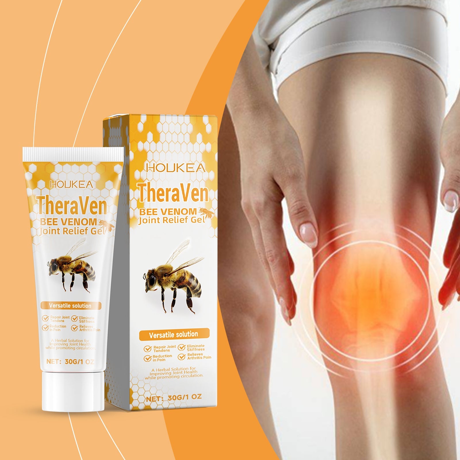 Product displayed alongside lifestyle image of person experiencing knee joint pain with red inflammation overlay and orange gradient background