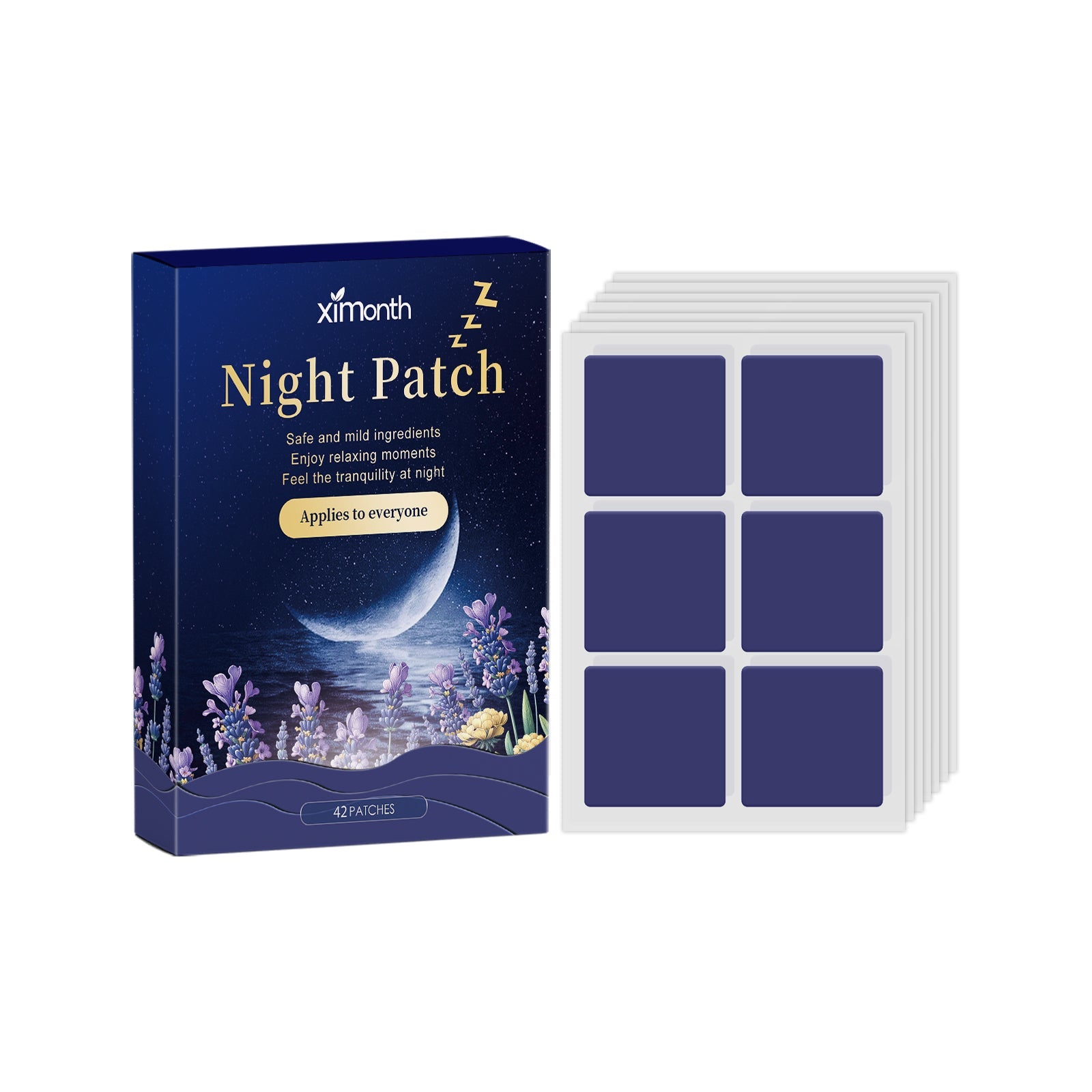 Identical product shot of Night Patch box and patch sheets from alternate angle