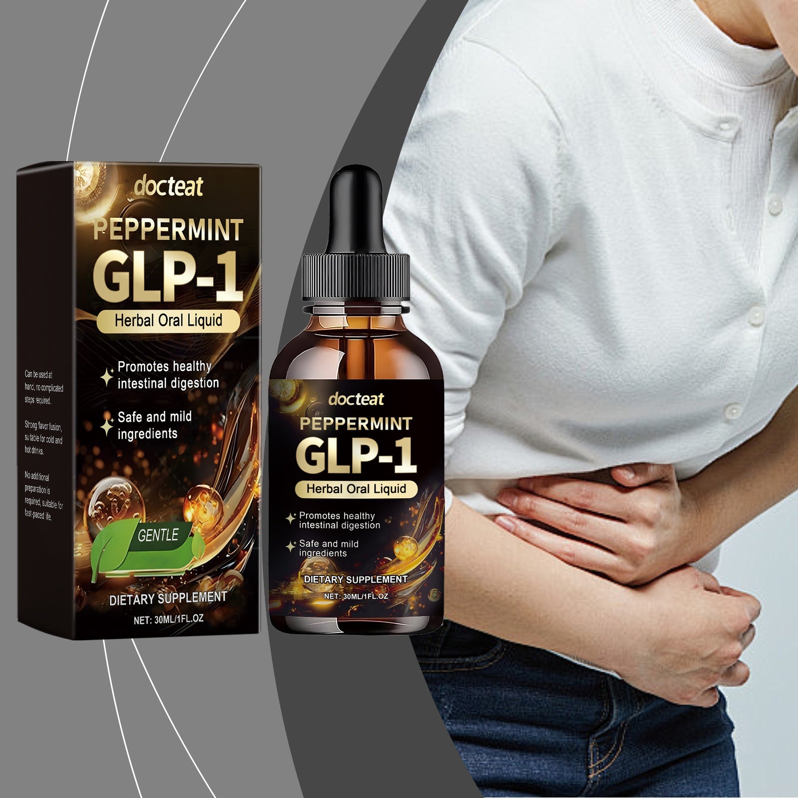 Man in light shirt holding stomach with relaxed expression, displayed alongside product bottle and box