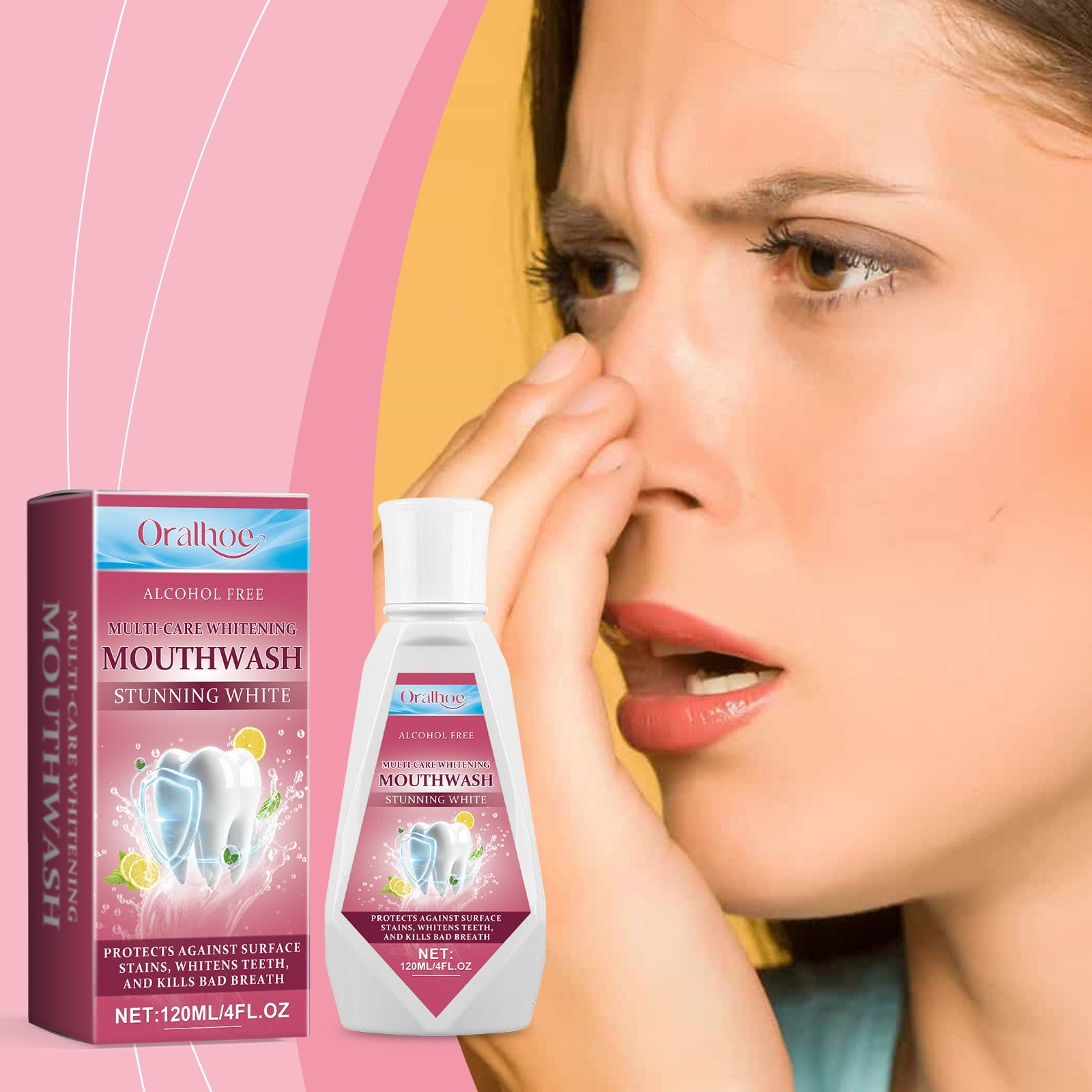 Woman with vibrant red lipstick and confident expression holding mouthwash bottle against pink and yellow gradient background