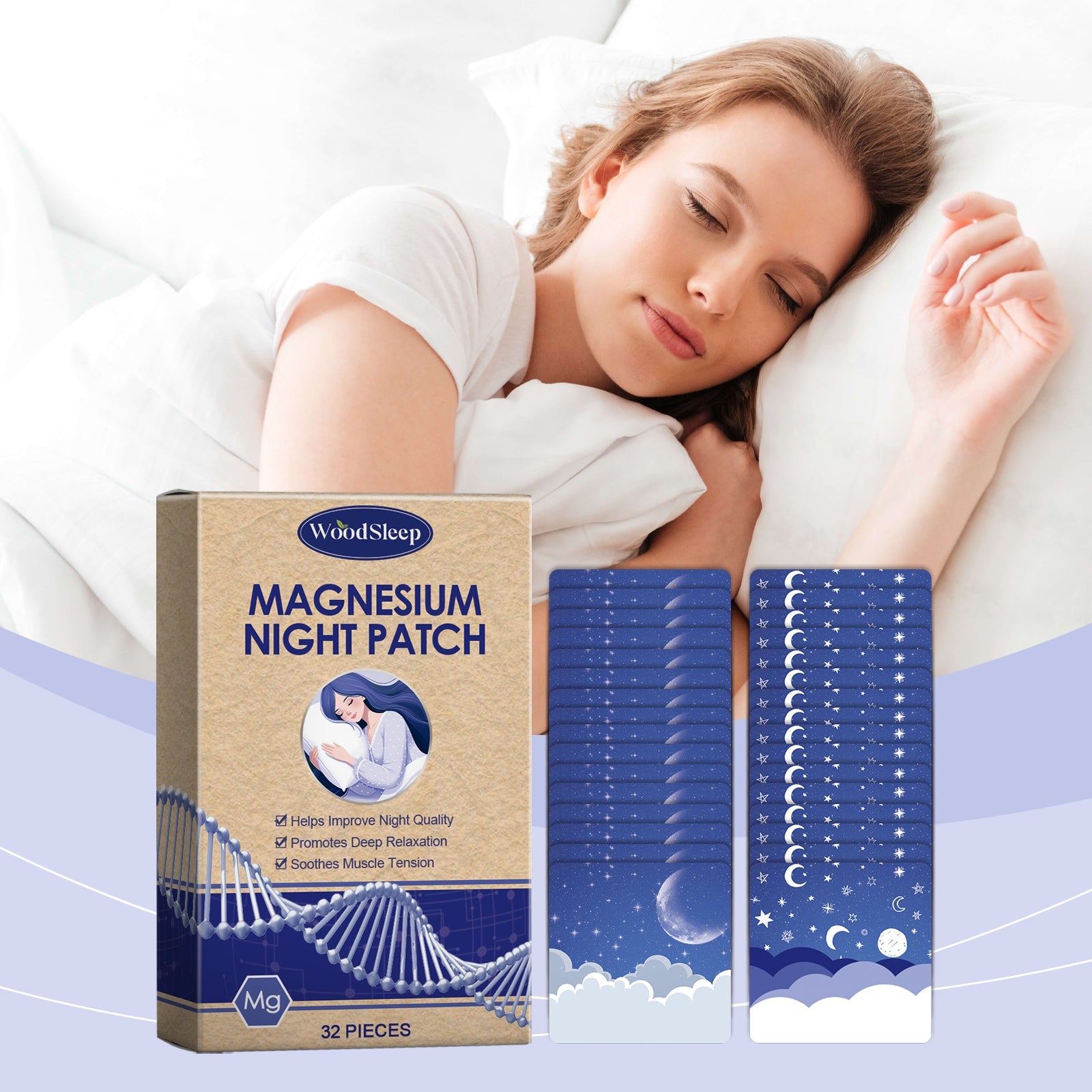 Woman peacefully sleeping in white bedding with WoodSleep patch box in foreground