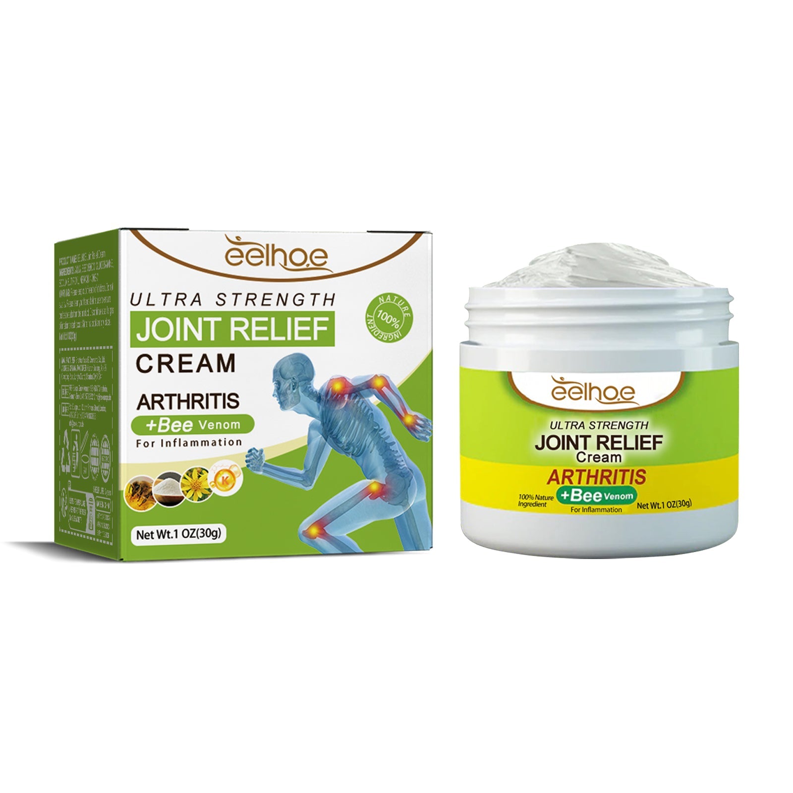 Active person wearing pink wristband touching swollen ankle/foot near running shoes on pavement with text 'BEE VENOM JOINT AND BONE RELIEF CREAM'