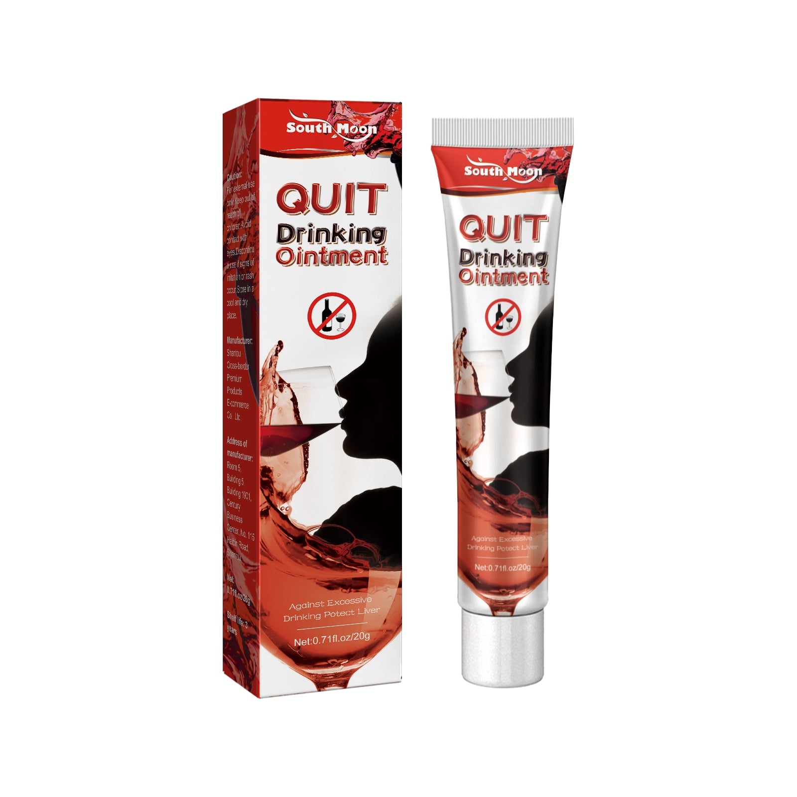 Woman holding head in pain with text 'QUIT DRINKING OINTMENT' overlaid; product shown alongside suffering figure