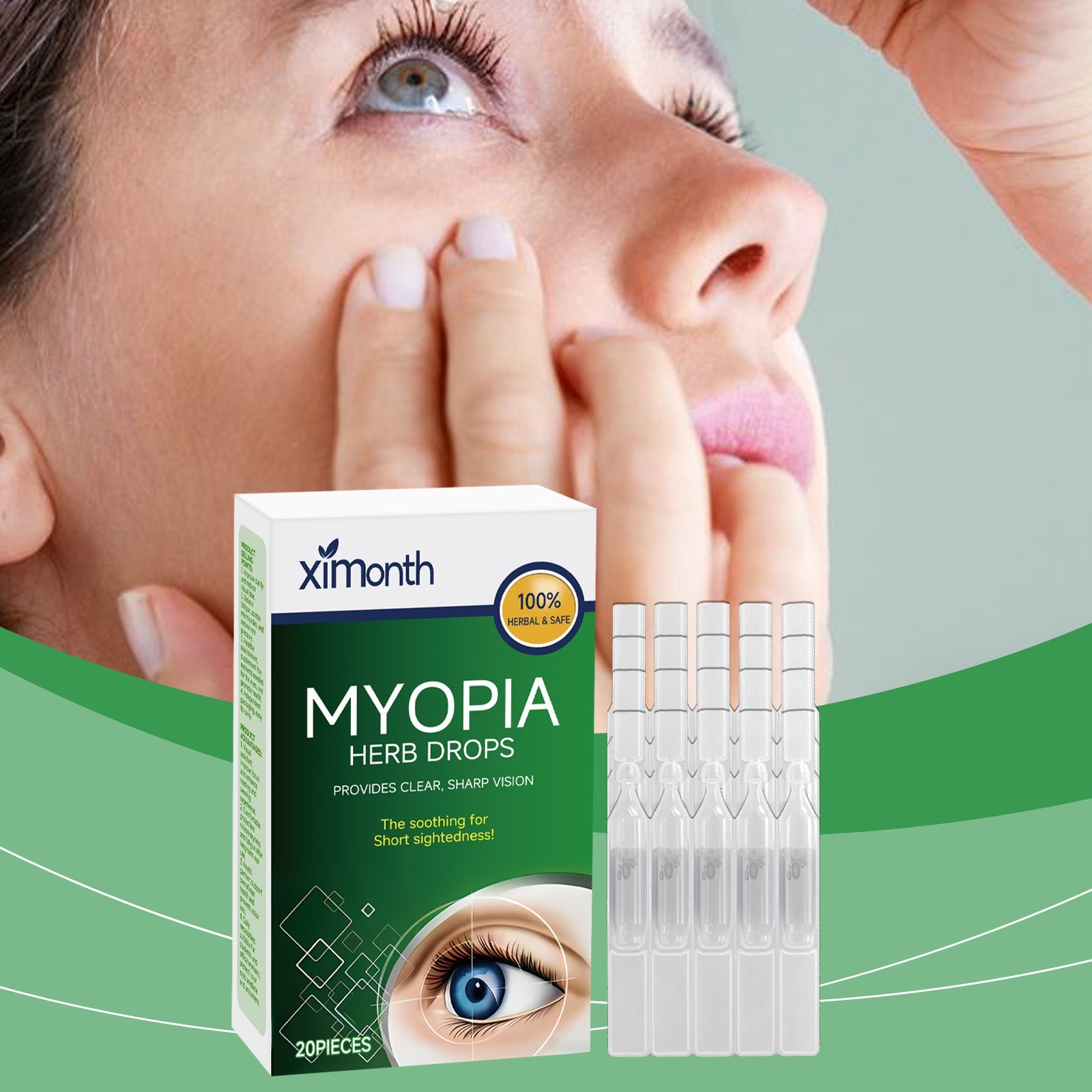 Young woman applying eye drops with calm expression against soft green gradient background