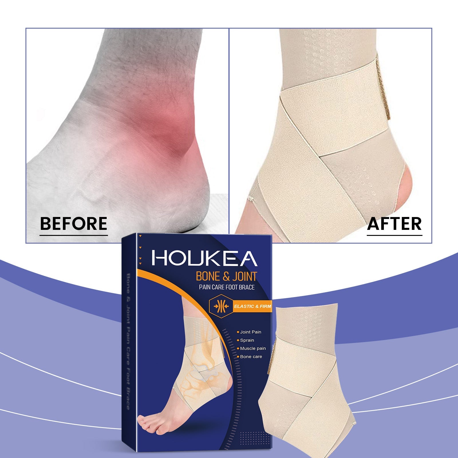 Two feet with red pain indicators highlighting multiple pain zones (ankle, arch, sole) under heading Enhance Ankle Stability with explanatory text