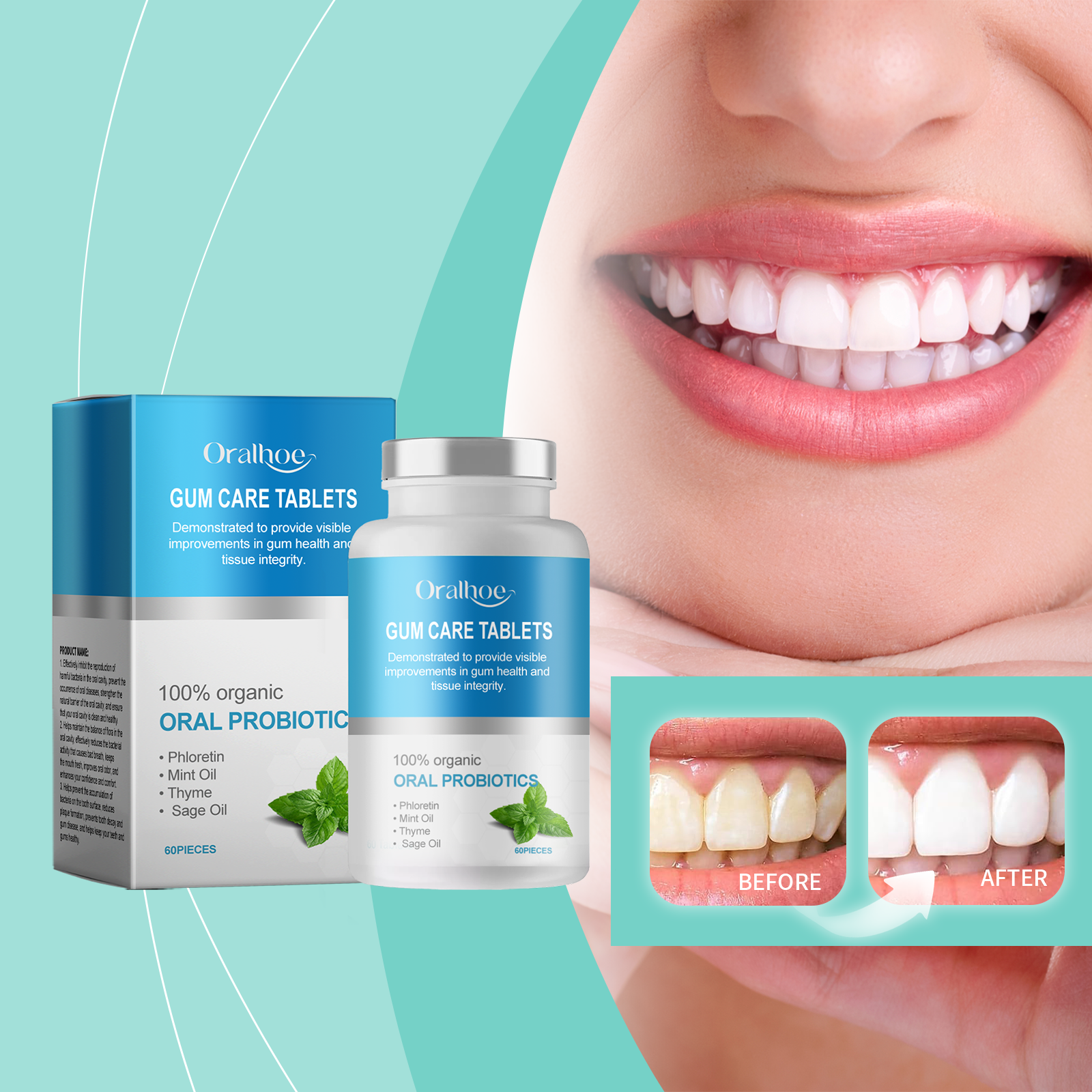 Close-up of mouth with fresh mint leaves displaying two key benefits: long-lasting fresh breath and gentle plant formula care