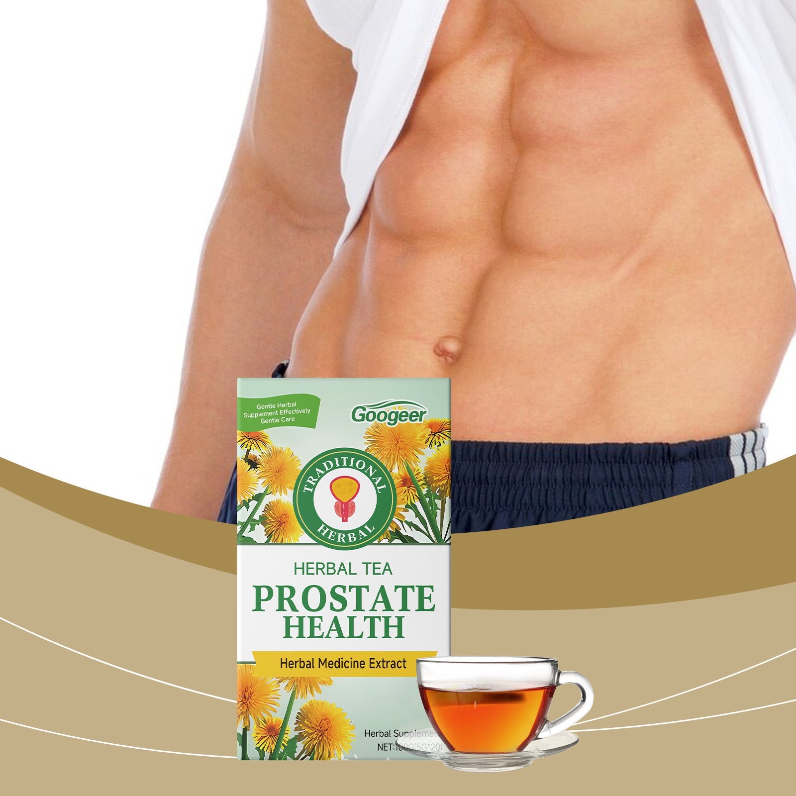 Fit male torso in athletic wear with product package, emphasizing target audience and health-conscious positioning