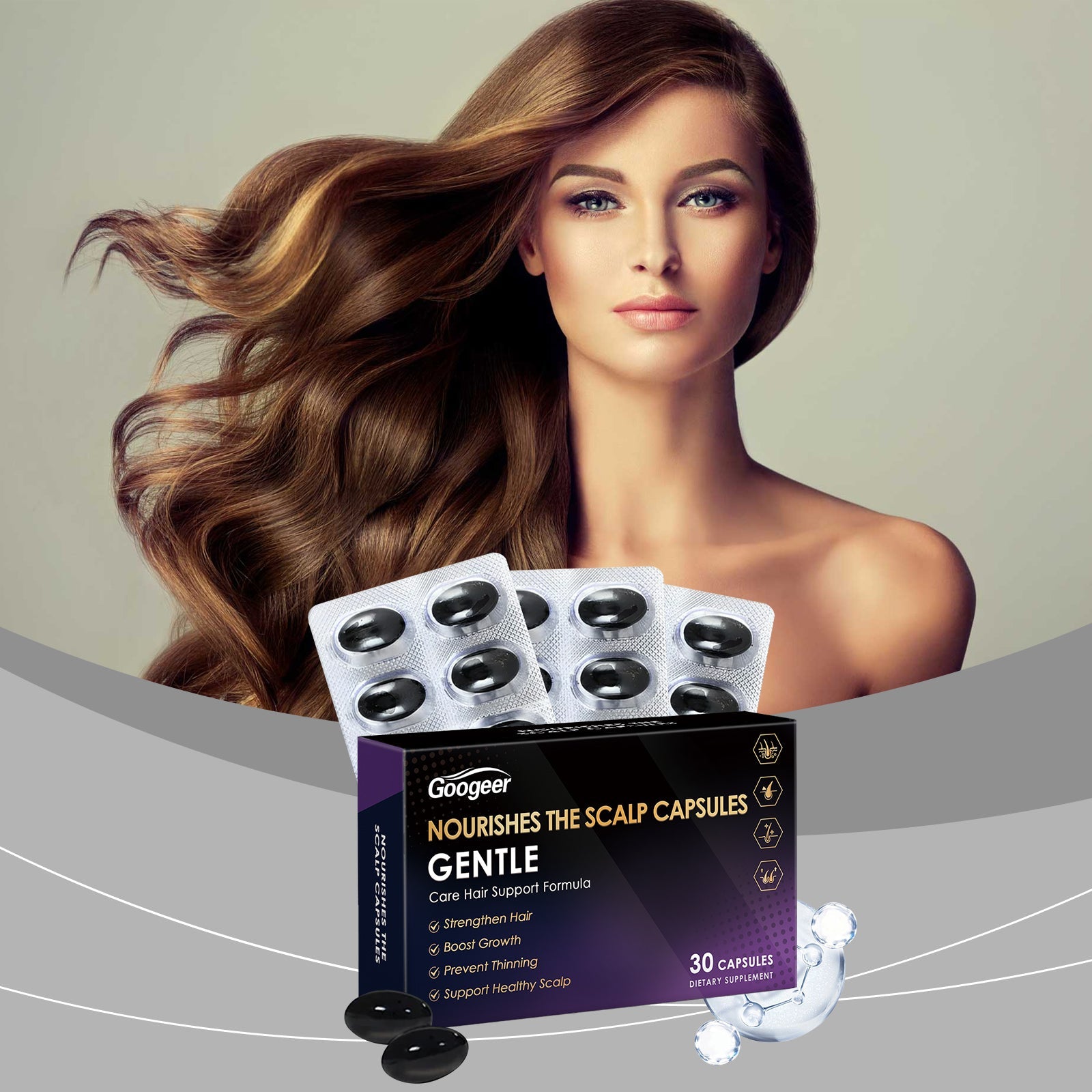 Woman with thick, voluminous, healthy-looking brunette hair with golden highlights, holding product packaging next to her face