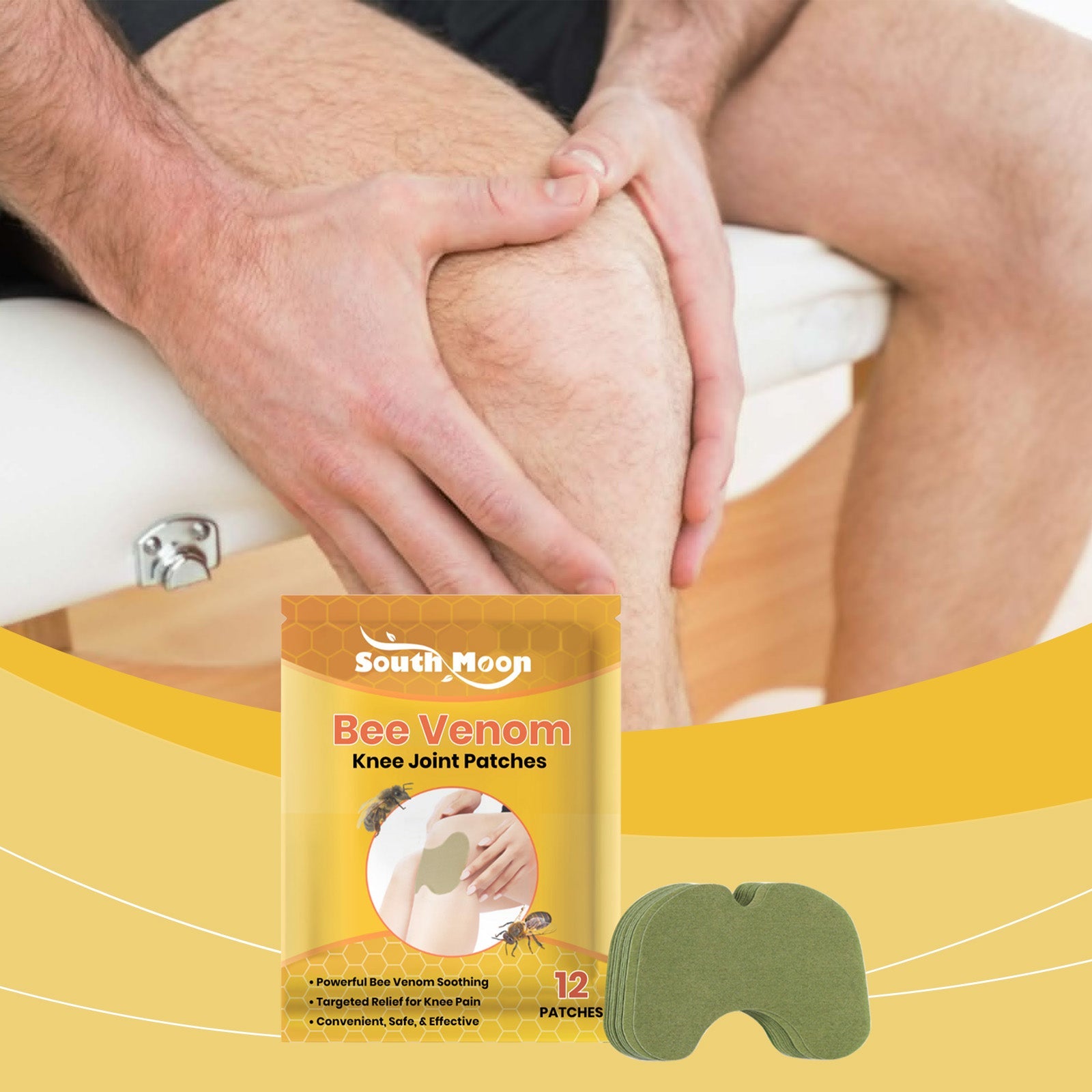 Adult applying or holding knee patch on leg with product packaging visible against yellow gradient background