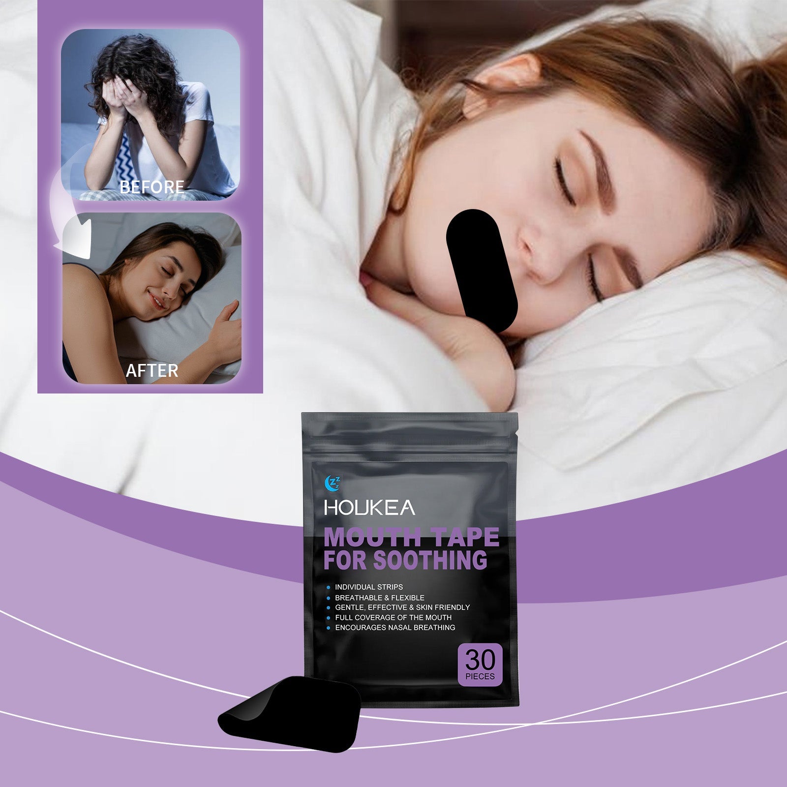 Woman sleeping peacefully with descriptive text about dust-filtering function of patch