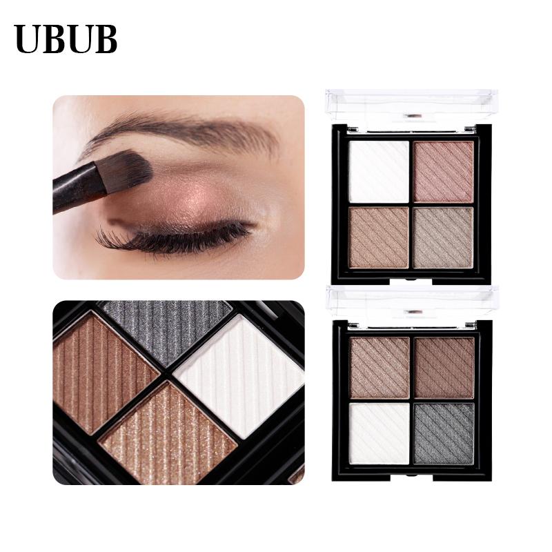 Model applying warm taupe shimmer shade to eyelid with brush, paired with close-up of palette texture and additional color variations